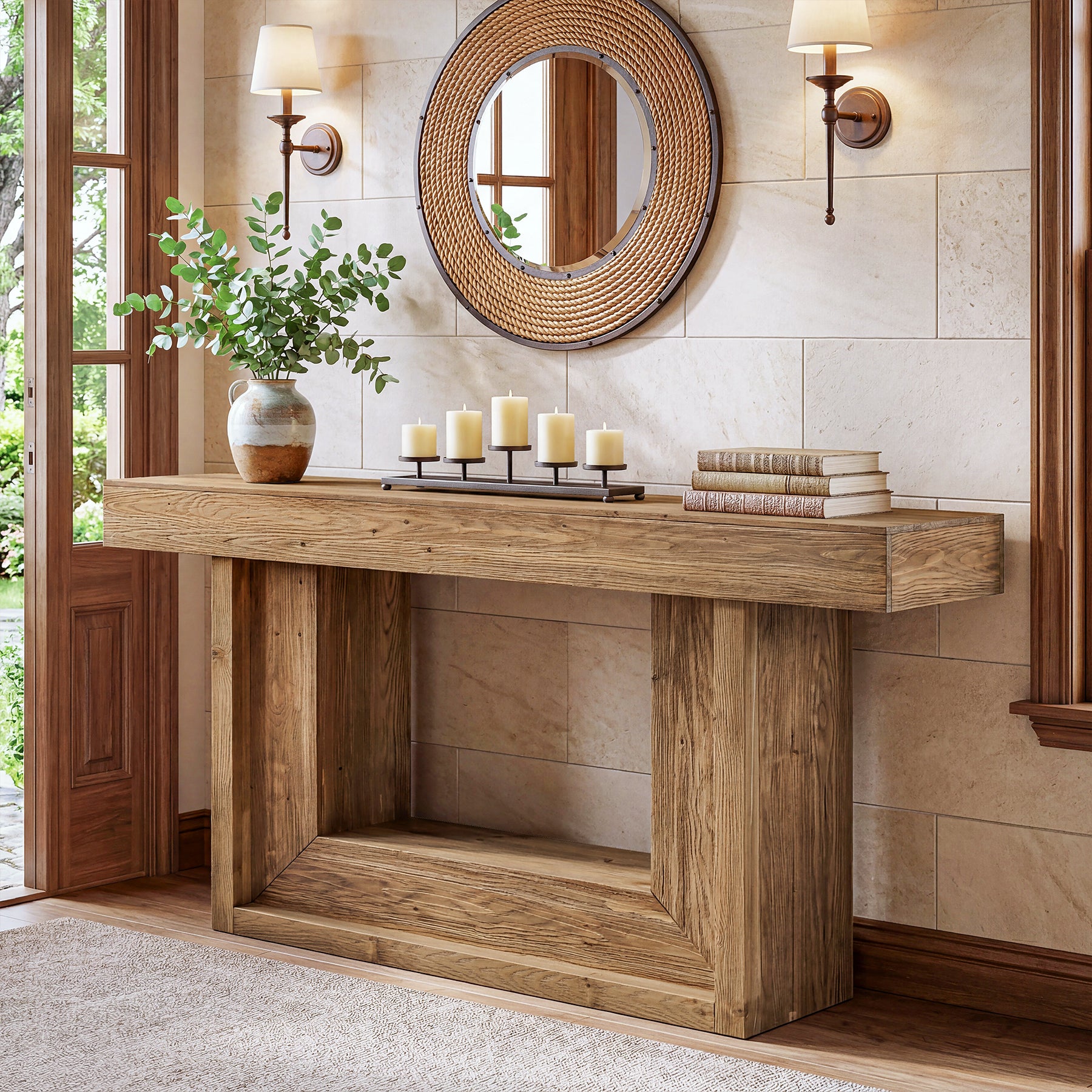 160 cm Houten Consoletafel met Open Opbergrek, Landelijke Smalle Haltafel vooar Woonkamer Entree Hal