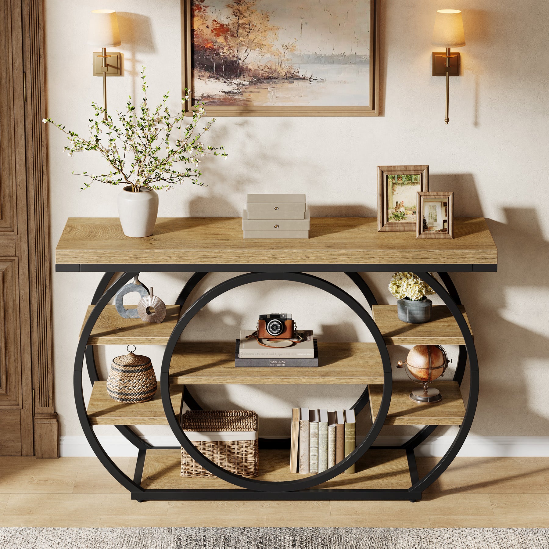 Consoletafel van 120 cm met 5 Lagen in Industrieel Design, Smalle Banktafel voor Woonkamer en Hal in Rustiek Bruin