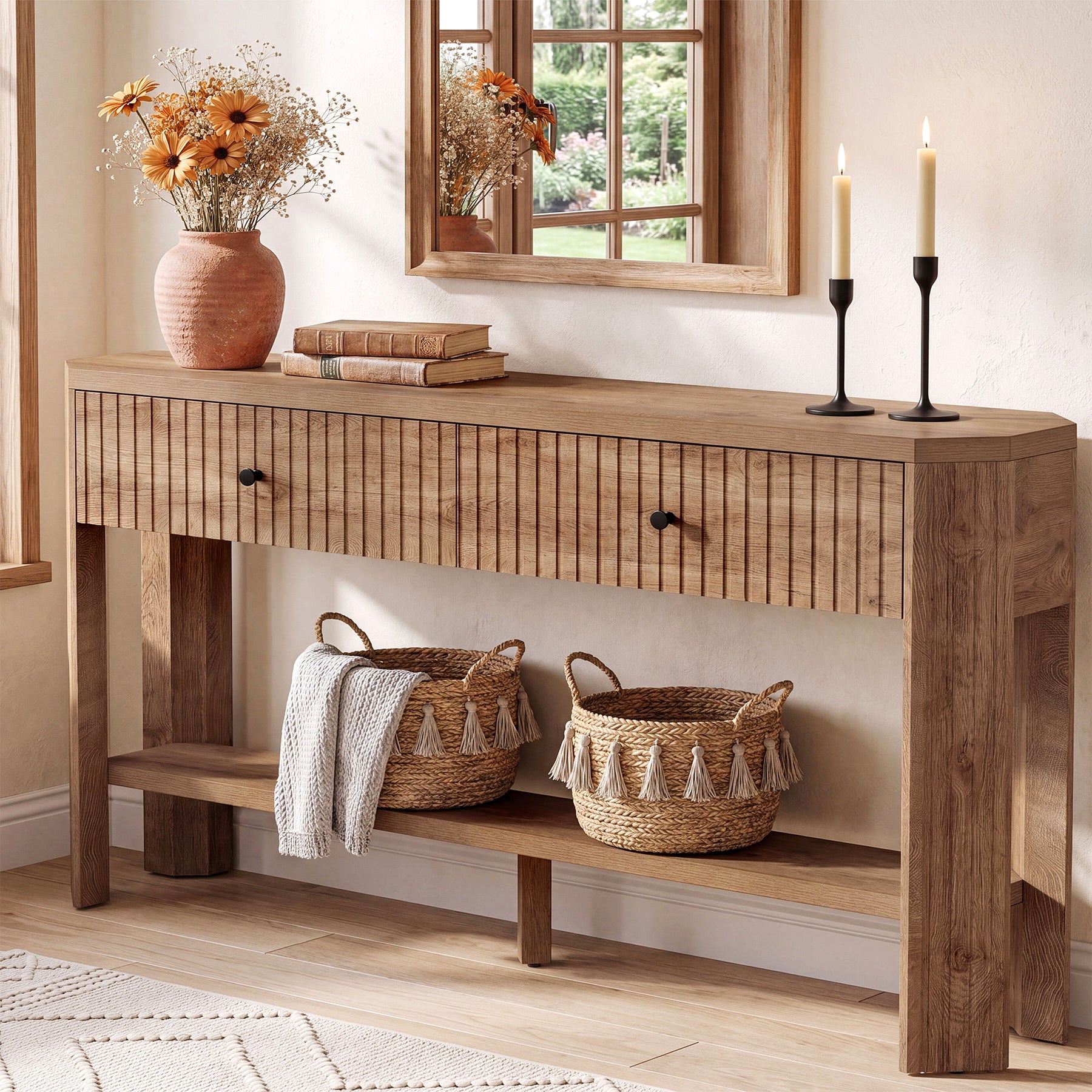 150 x 30 x 80 cm Tribesigns haltafel met 2 lades en open plank, smalle consoletafel voor entree en gang