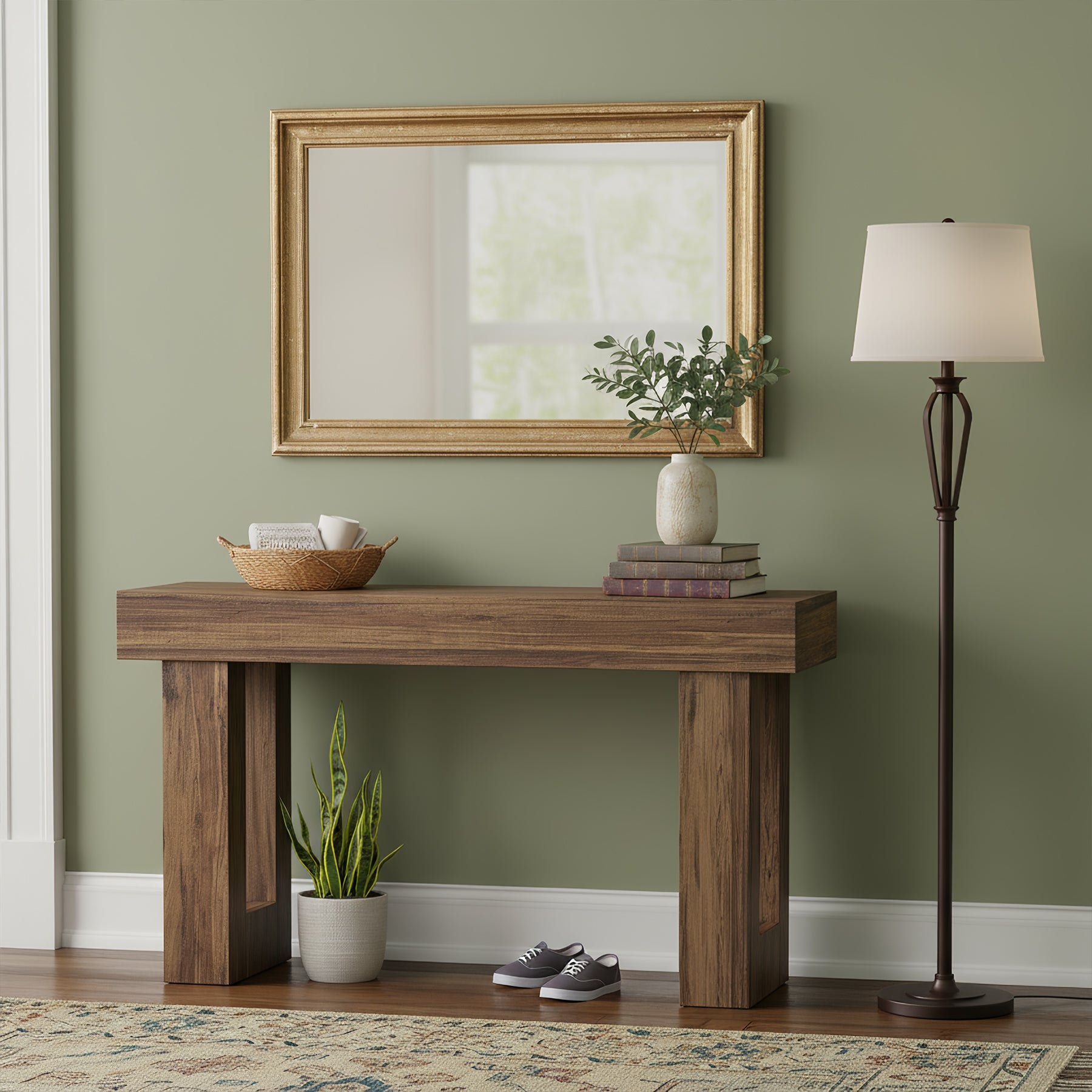 160 cm Landelijke Consoletafel met Massief Houten Poten, Houten Sofa-tafel voor Hal en Woonkamer