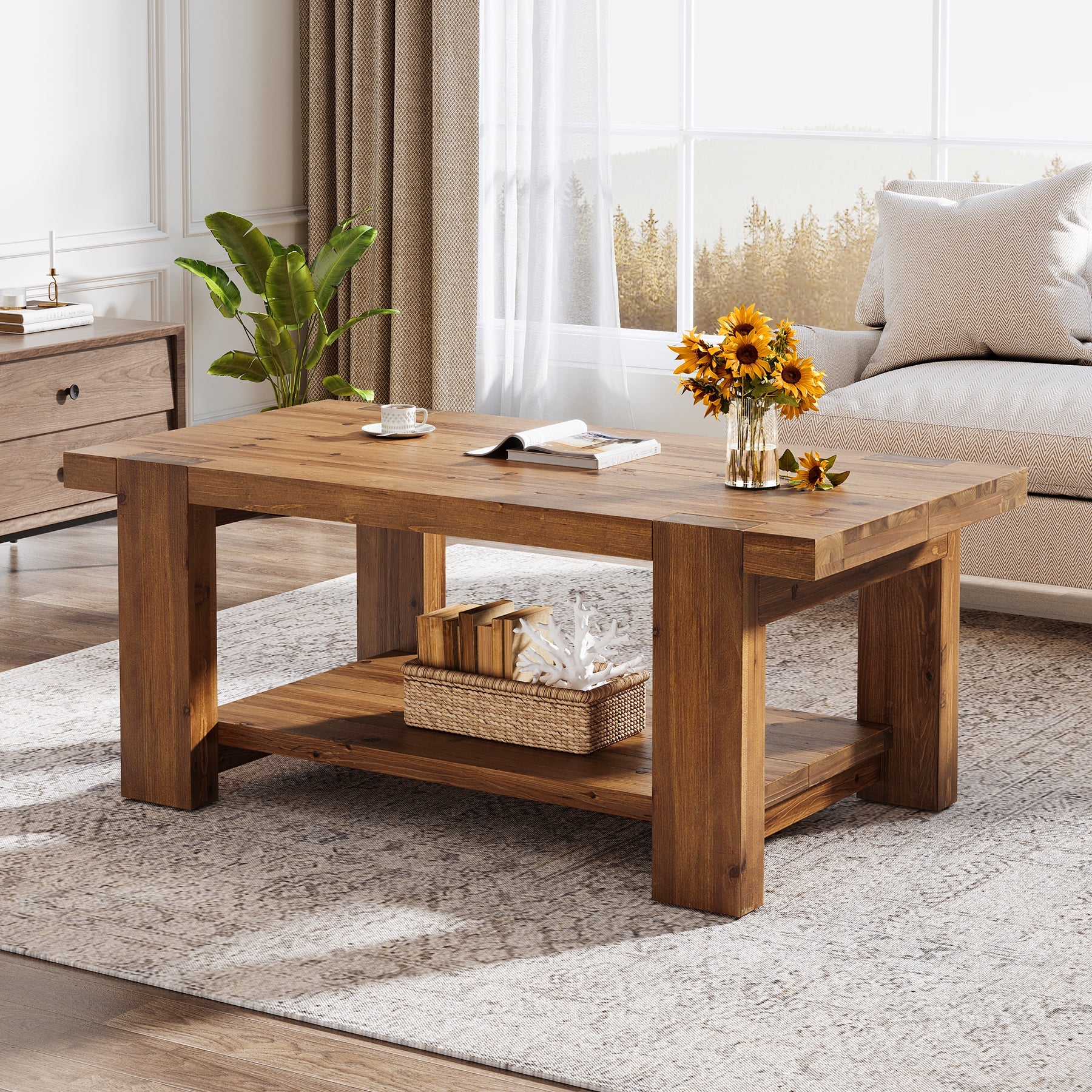 Tribesigns Massief Houten Salontafel 120 cm, Rechthoekige Woonkamertafel met Opbergplank
