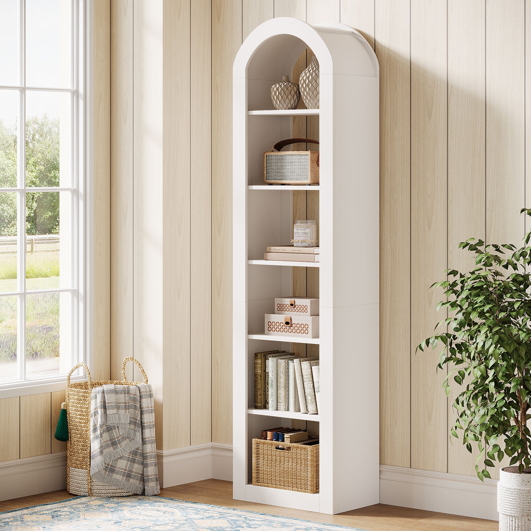 190 cm Boogvormige Boekenkast met 6 Niveaus, Smalle Open Boekenkast voor Display en Opbergen