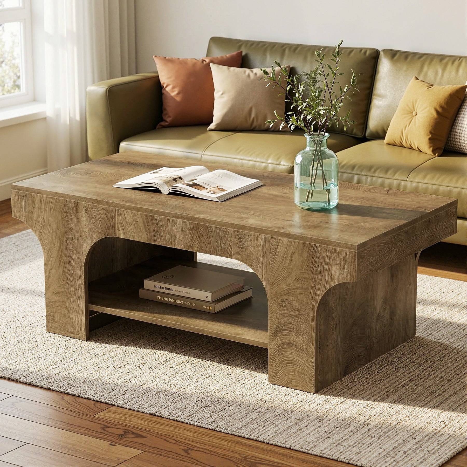 120 cm Rechthoekige Salontafel met 2 Niveaus, Landelijke Houten Tafel met Opbergruimte voor Woonkamer