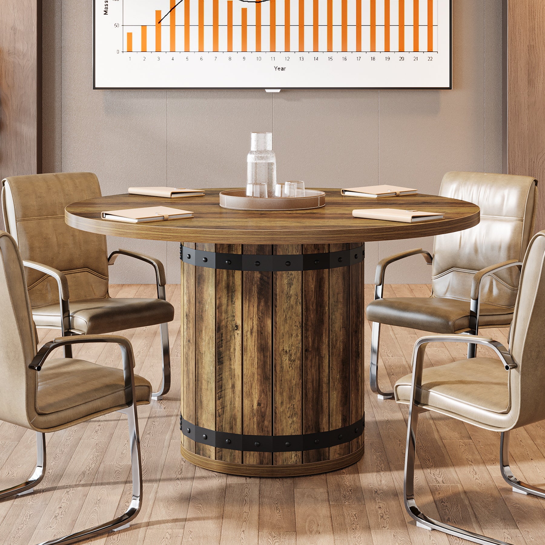 100cm Ronde Vergadertafel voor 4 Personen, Boerderijstijl met Hekwerk Basis voor Kantoor in Landelijk Bruin