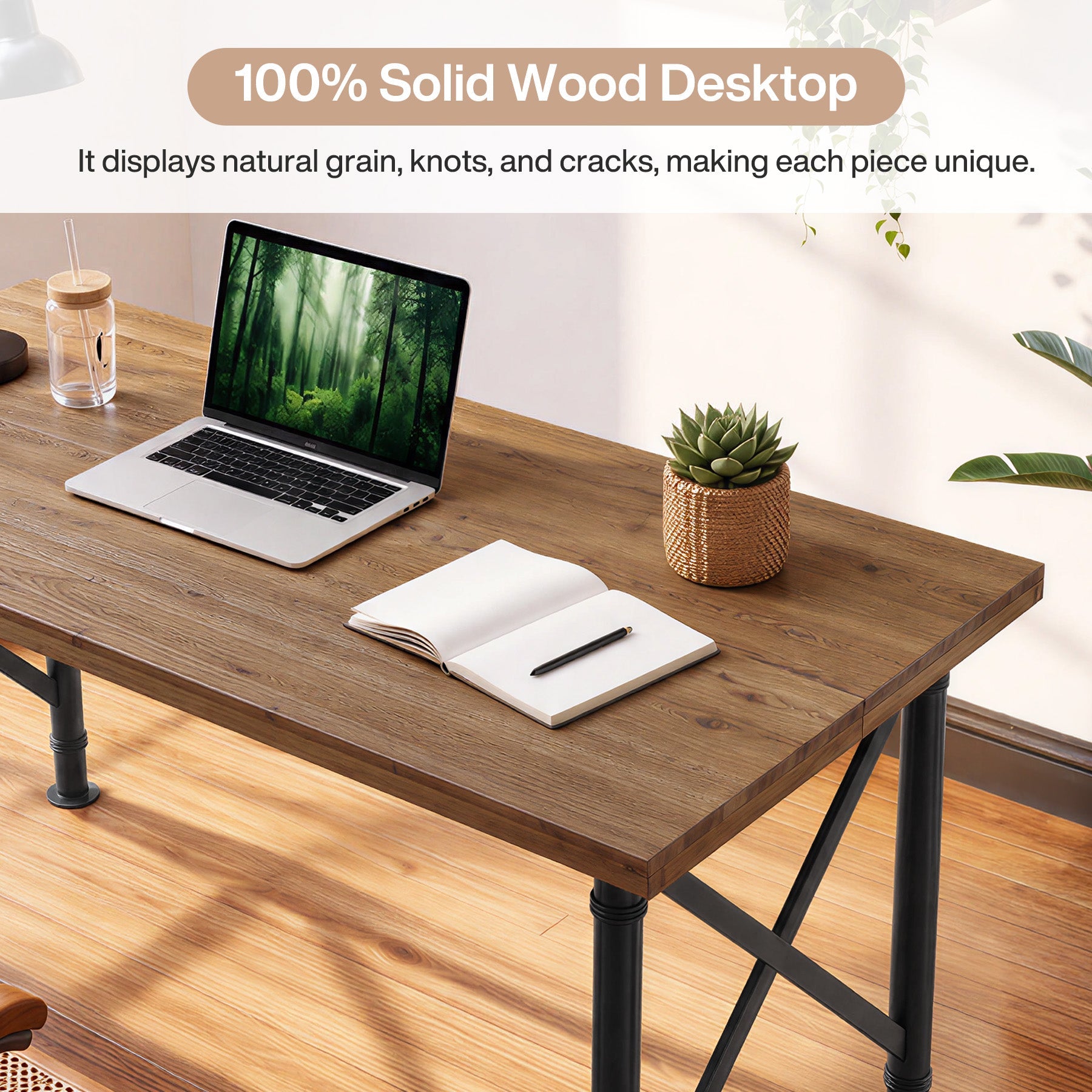 Massief houten bureau 160 × 80 cm, computertafel met X-vormig metalen onderstel voor het thuiskantoor