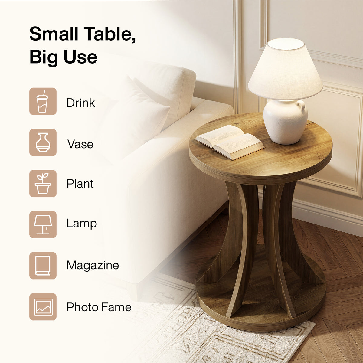 45 x 60 cm ronde bijzettafel met gebogen frame en onderste opbergplank, landelijke sidetable voor woonkamer en slaapkamer