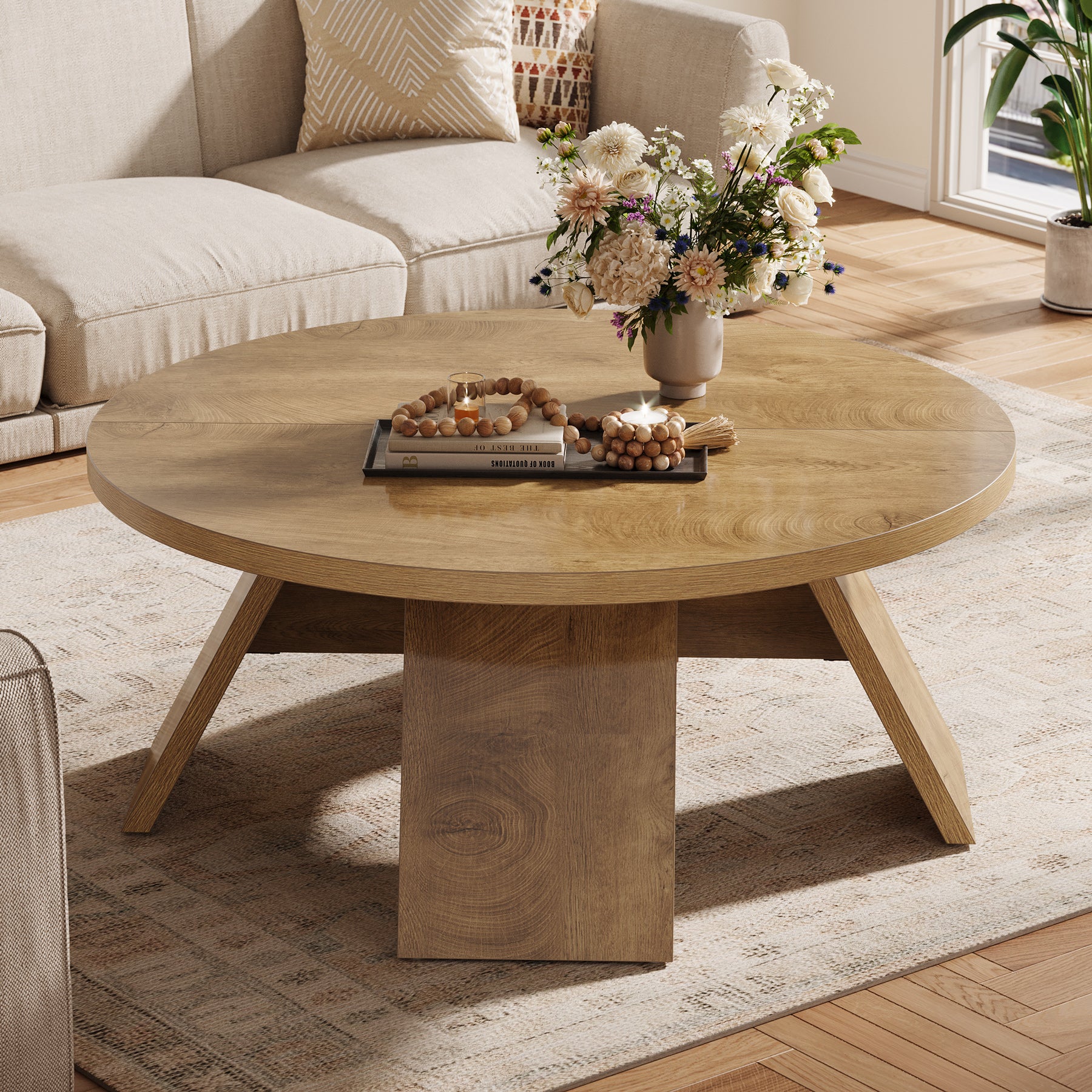 100 cm Ronde Houten Salontafel met Gespreide Poten, Modern Accent Tafel voor Woonkamer