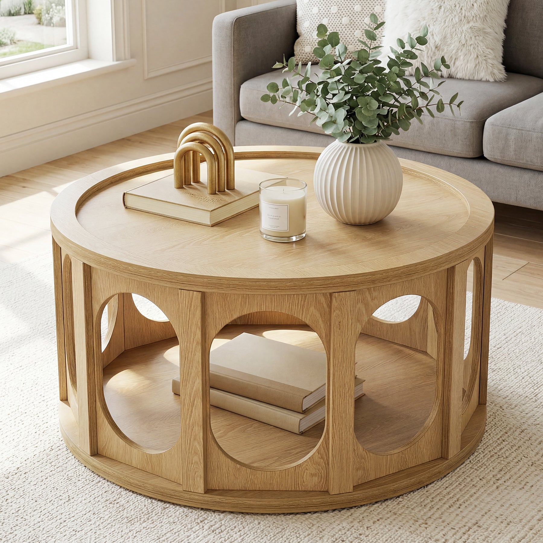Tribesigns ronde salontafel van 80 cm met kattenhuisje, tweelaagse woonkamertafel met opbergruimte