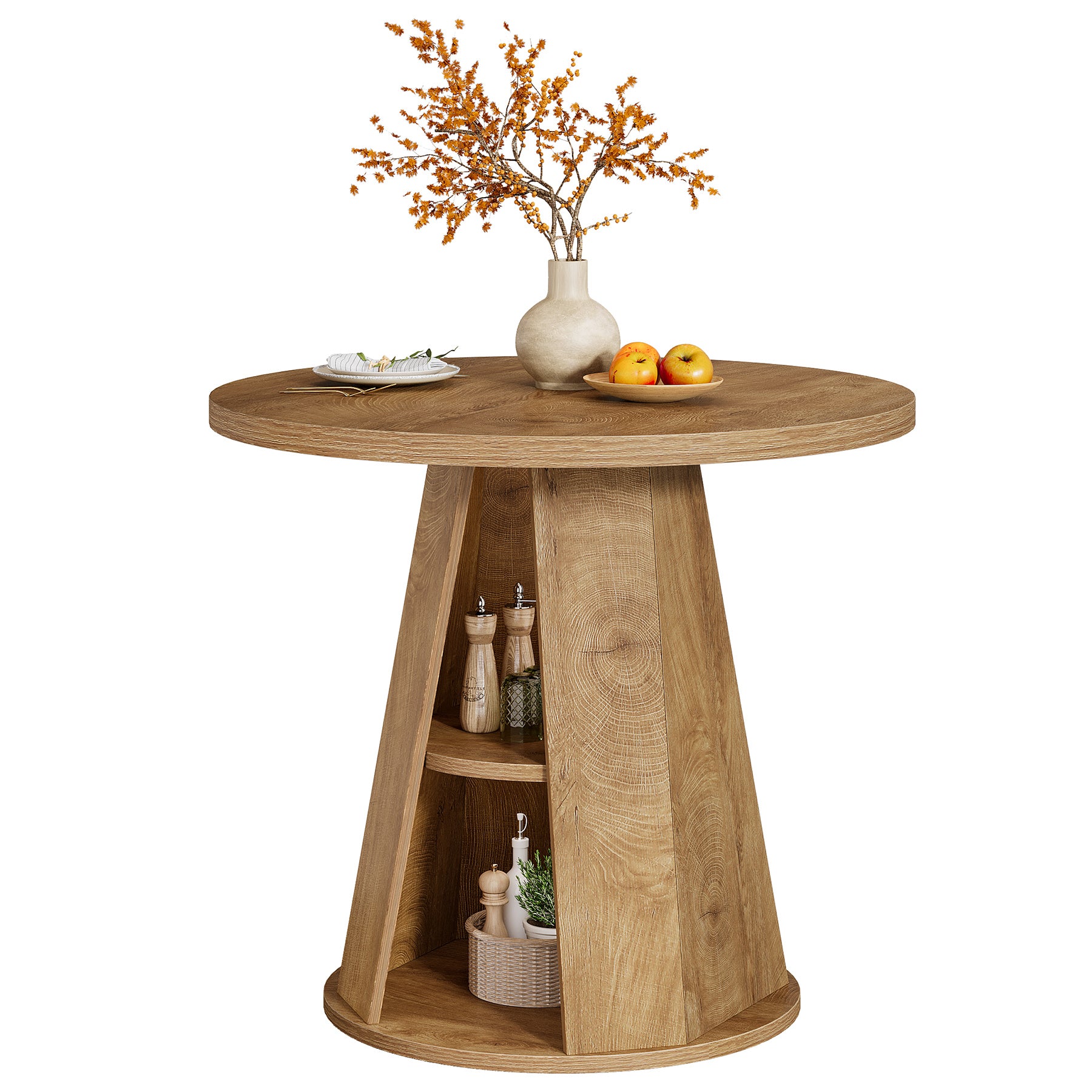 80 cm Ronde Eettafel voor 2-4 Personen, Kleine Boerenkeuken Tafel met 2-Tier Opberplank