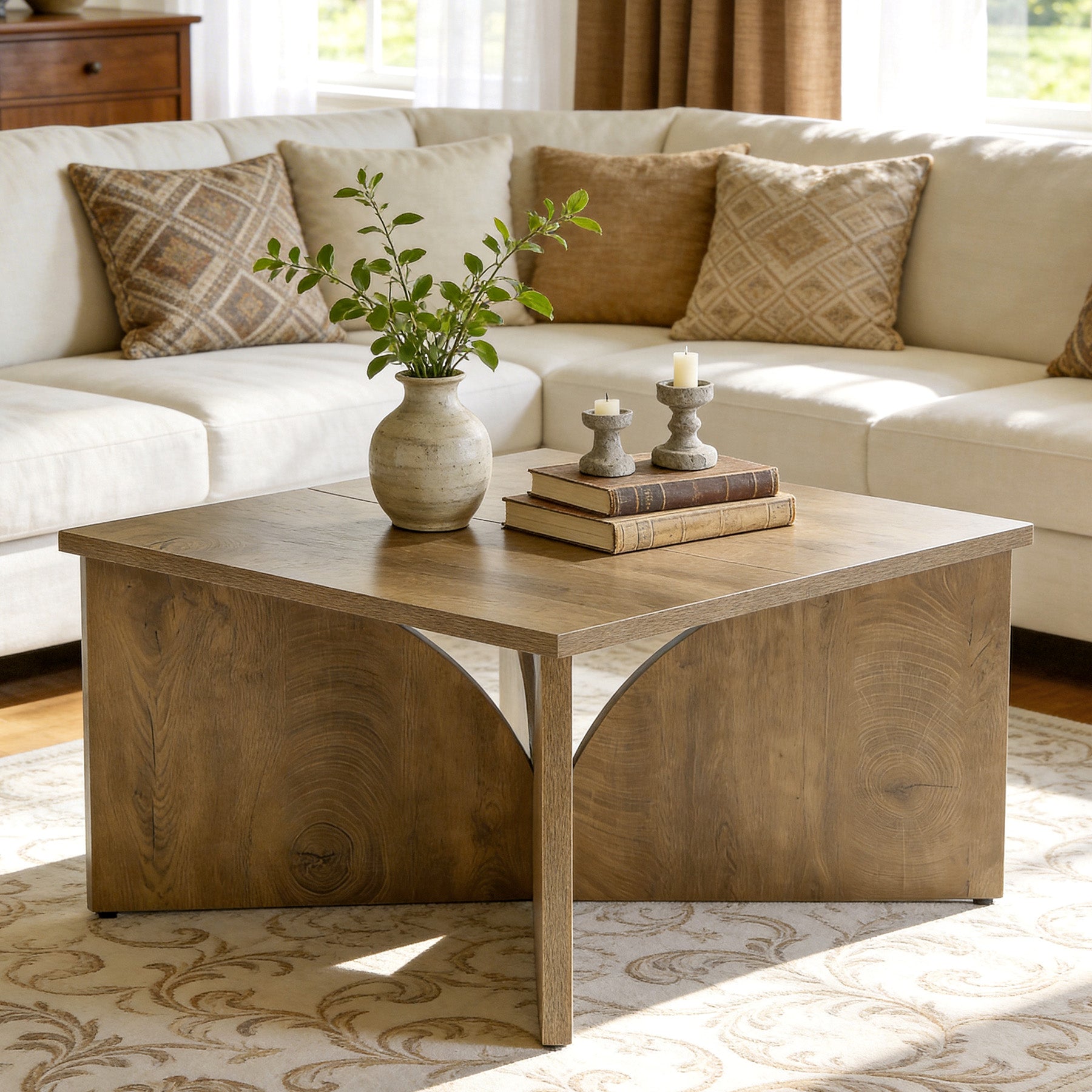 80 cm Vierkante Salontafel met Stevige Basis, Landelijke Houten Tafel voor Woonkamer