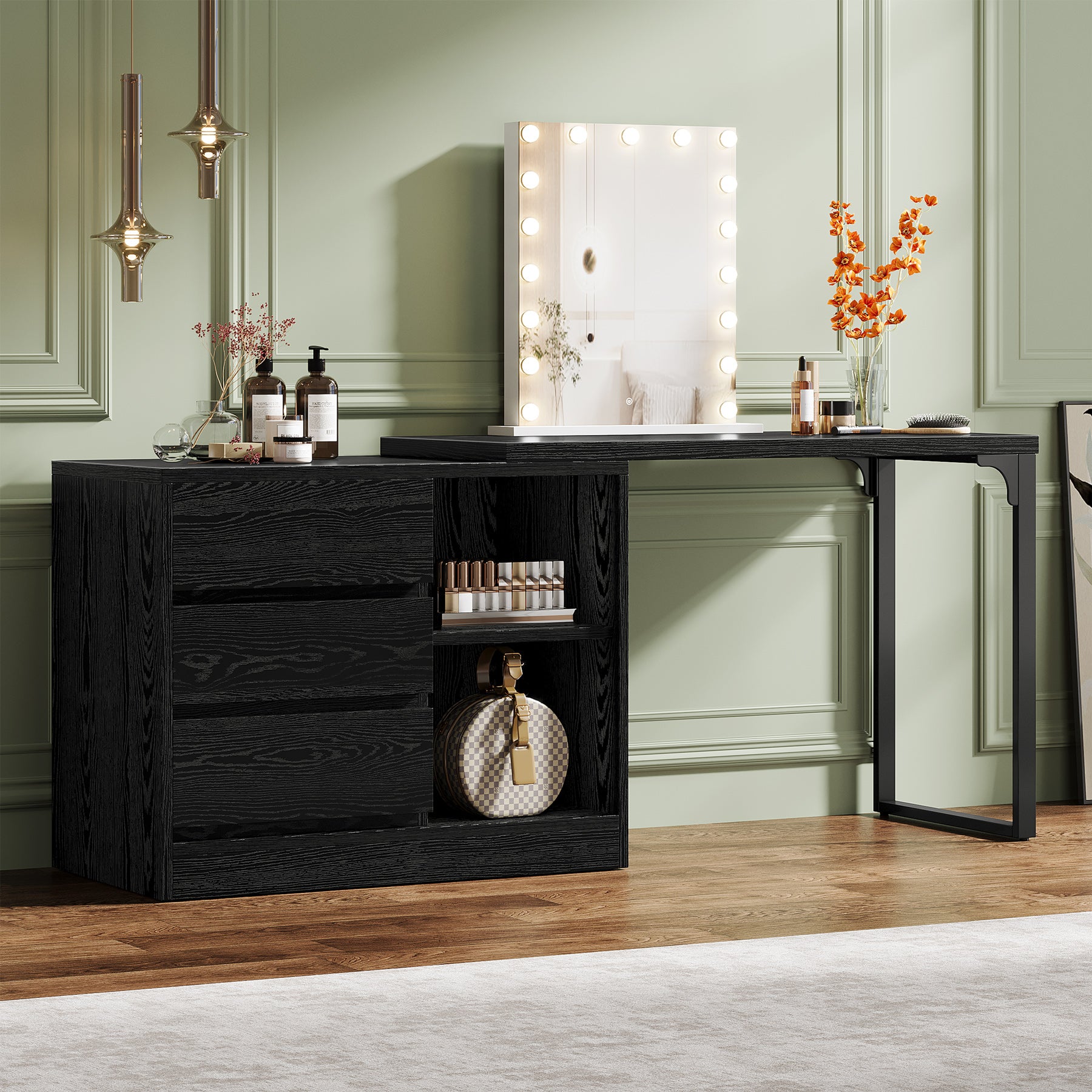 100 cm Kaptafel met 3 Laden en 2 Planken, Hoek Schminktafel met Opbergkast Zonder Spiegel