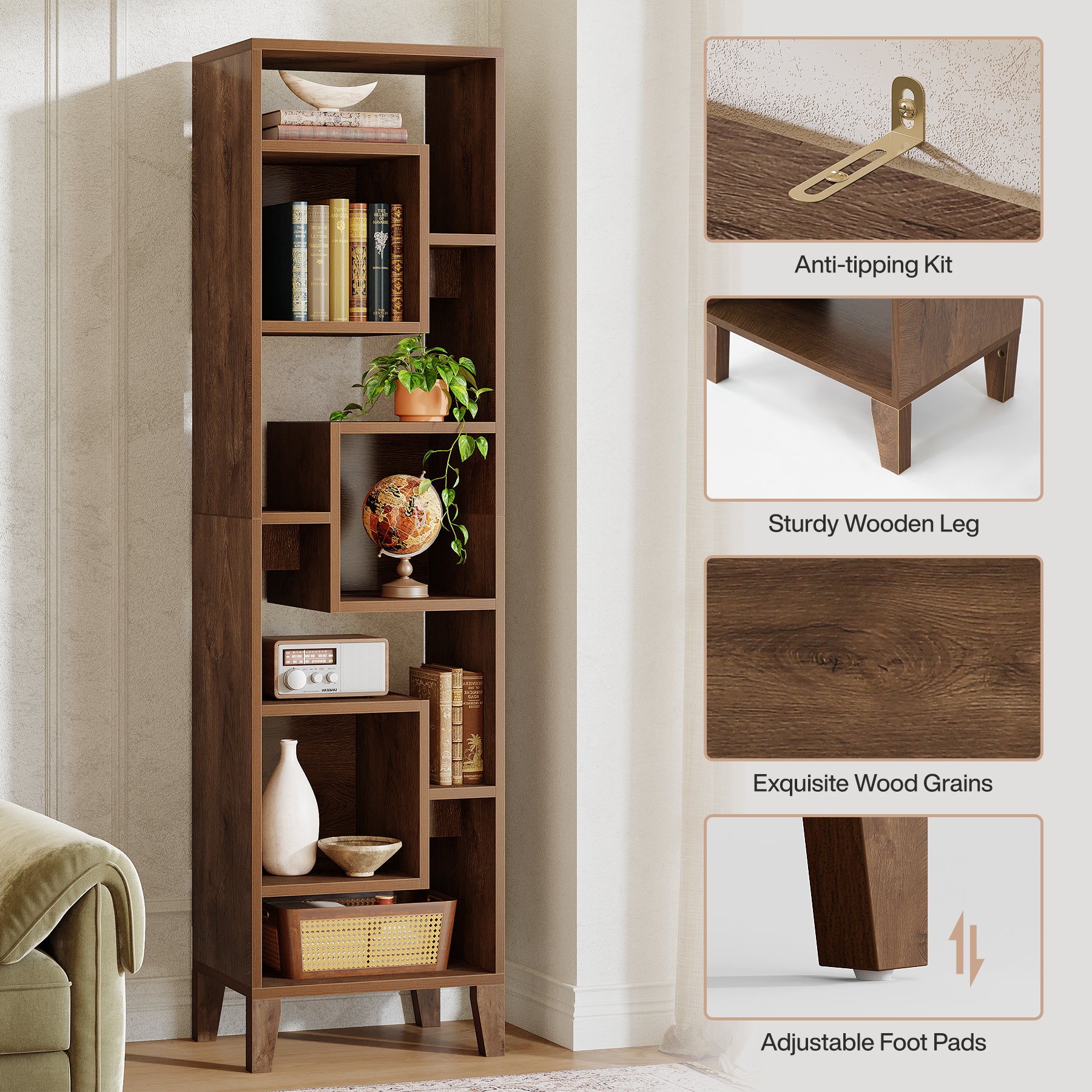 180 cm Hoge Hoekplank, 8-Niveau Houten Boekenkast en Plantenstandaard voor Woonkamer