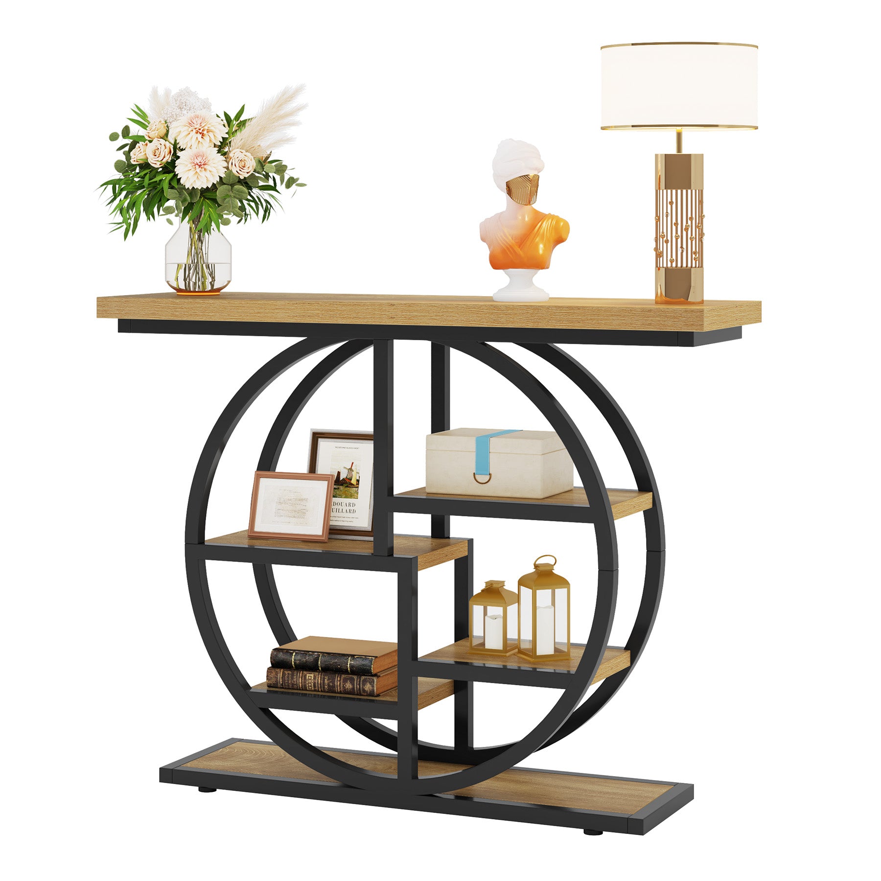 105 cm Industriële Console, 6 Etages met Rond Onderstel en Opbergplanken