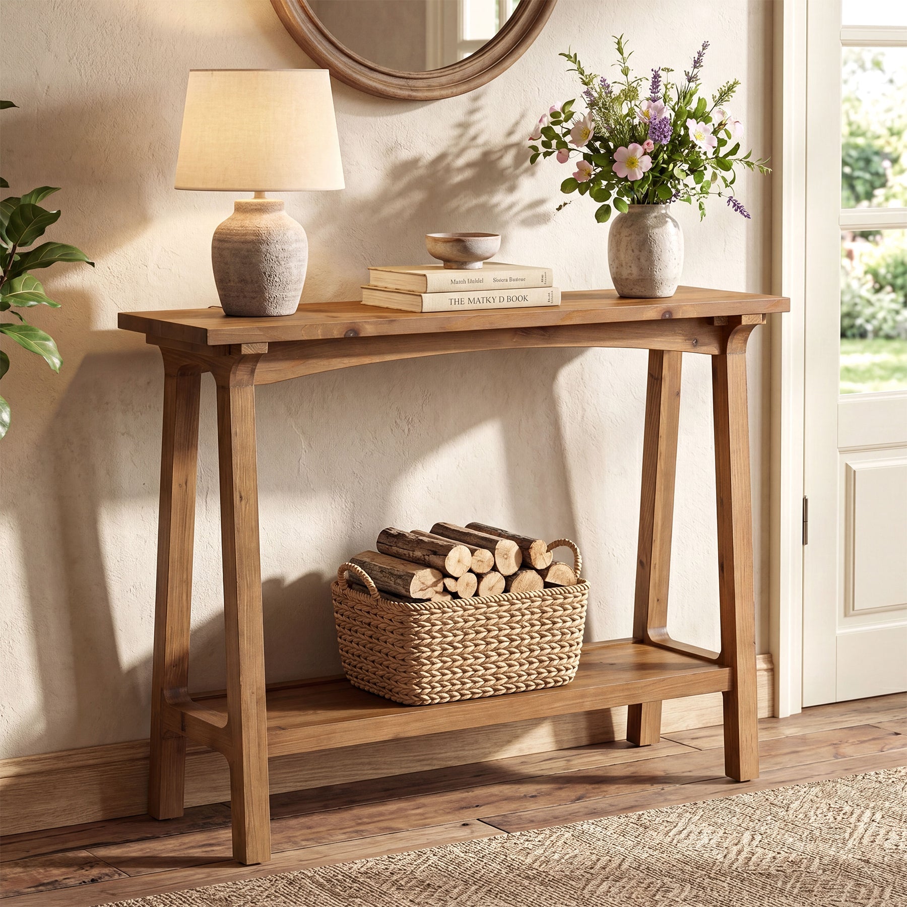 Tribesigns Massief Houten Console Tafel 100 cm, Smalle Haltafel met 2 Planken voor Entree & Woonkamer