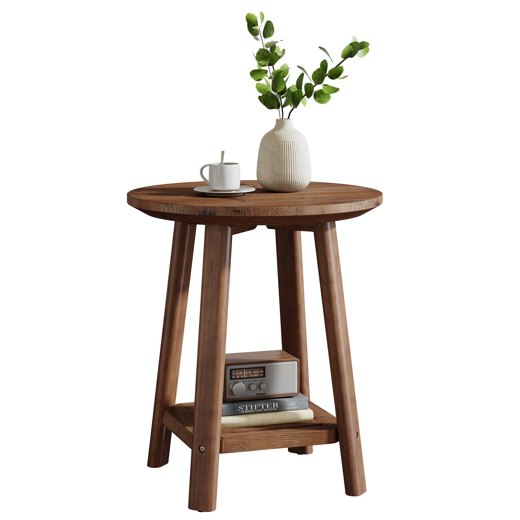 60 cm ronde massief houten bijzettafel, 2-laags landelijke opbergplank in walnootkleur