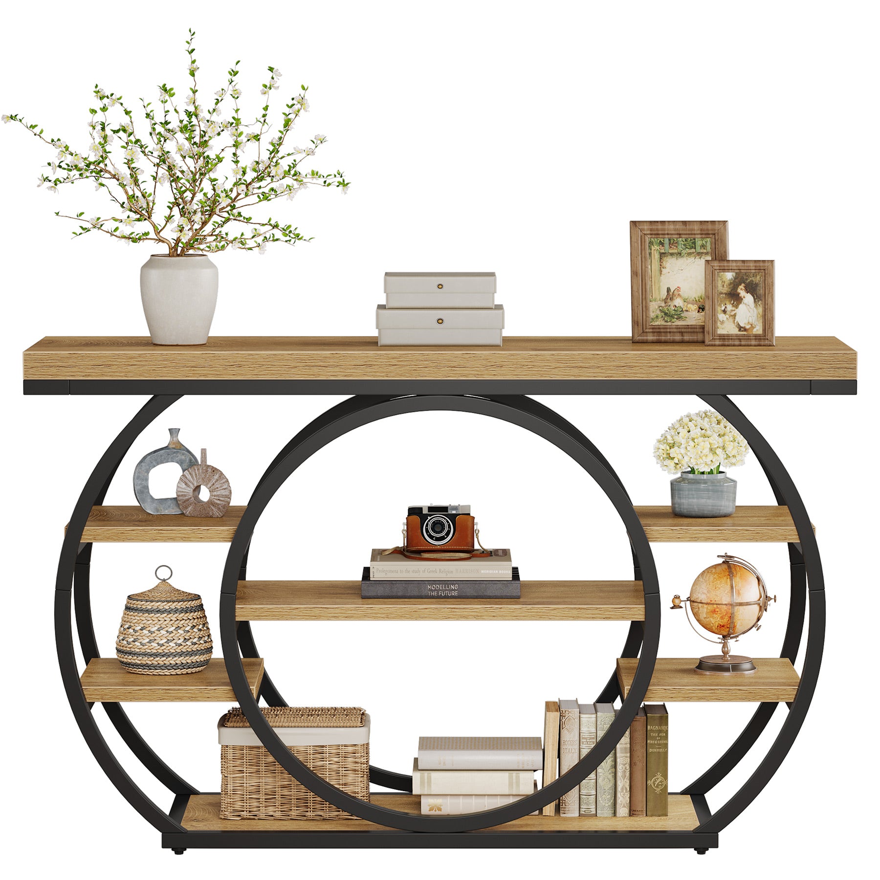 Consoletafel van 120 cm met 5 Lagen in Industrieel Design, Smalle Banktafel voor Woonkamer en Hal in Rustiek Bruin