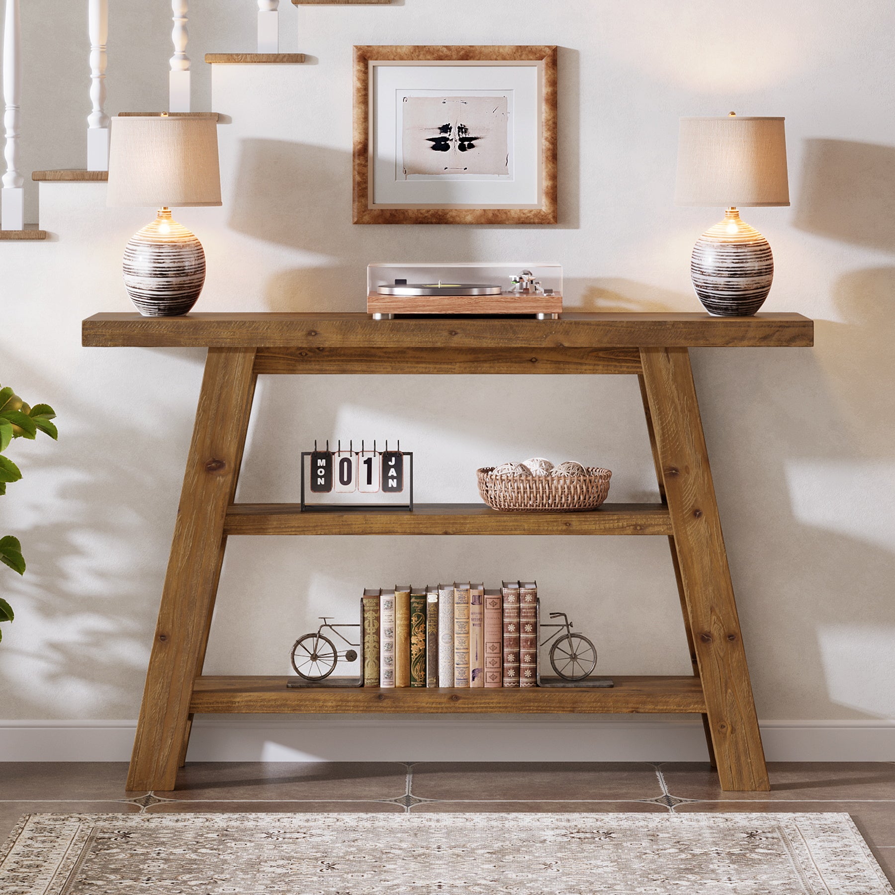 120 cm Tribesigns Massief Houten Consoletafel met 3 Niveaus, Smalle Boerderijstijl Entreetafel voor Hal en Woonkamer