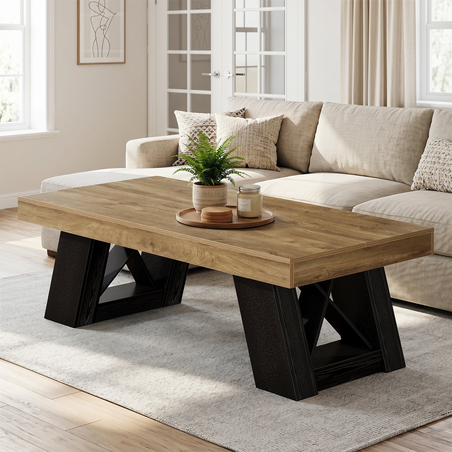 140 cm Tribesigns grote houten salontafel met dik blad en X-vormig onderstel, landelijke rechthoekige middentafel voor woonkamer