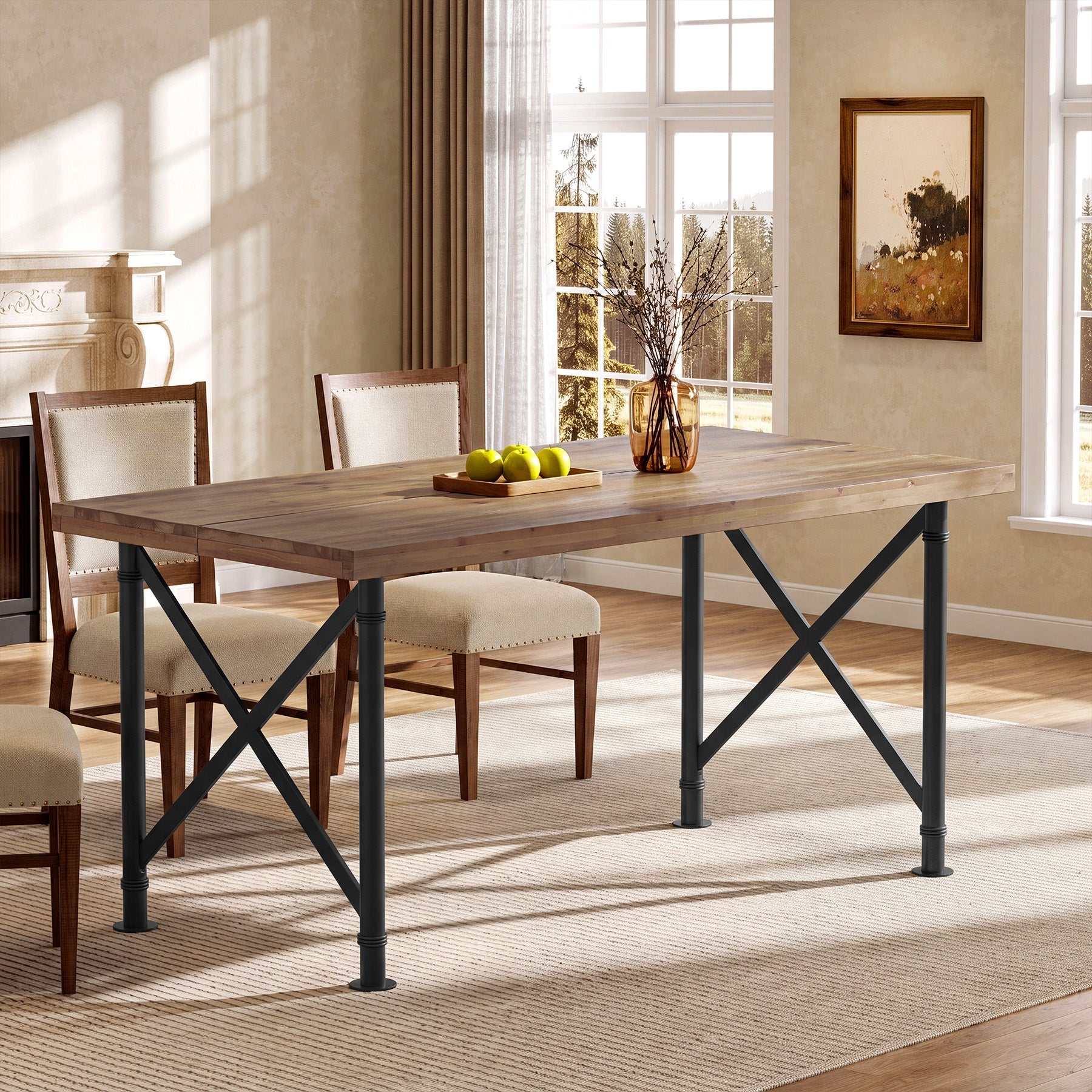 Massief houten eettafel 160 × 80 cm voor 4–6 personen, rechthoekige eettafel met X-vormig metalen frame