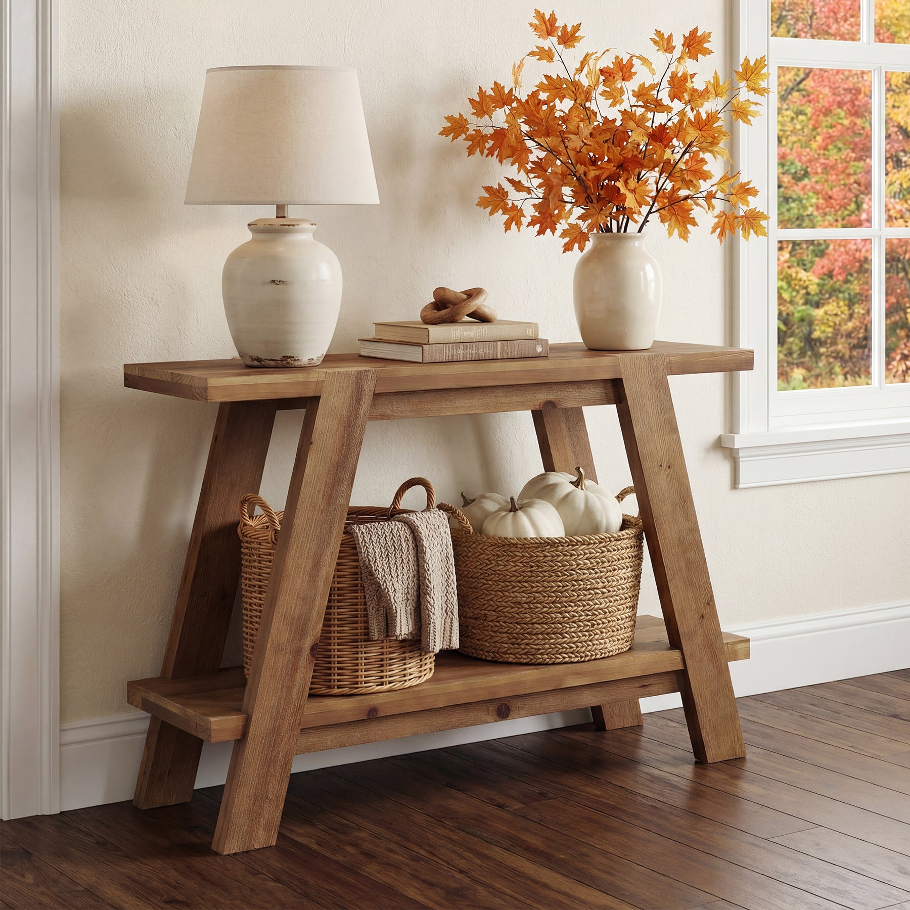 110 cm Massief Houten Consoletafel met 2 Planken, Smalle Haltafel in Landelijke Stijl Bruin