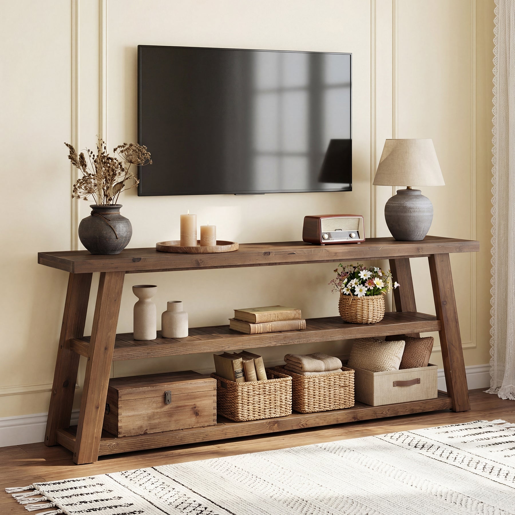Tribesigns tv-lagekast van massief hout 160 cm, tv-meubel voor televisies tot 70 inch met 3 open planken