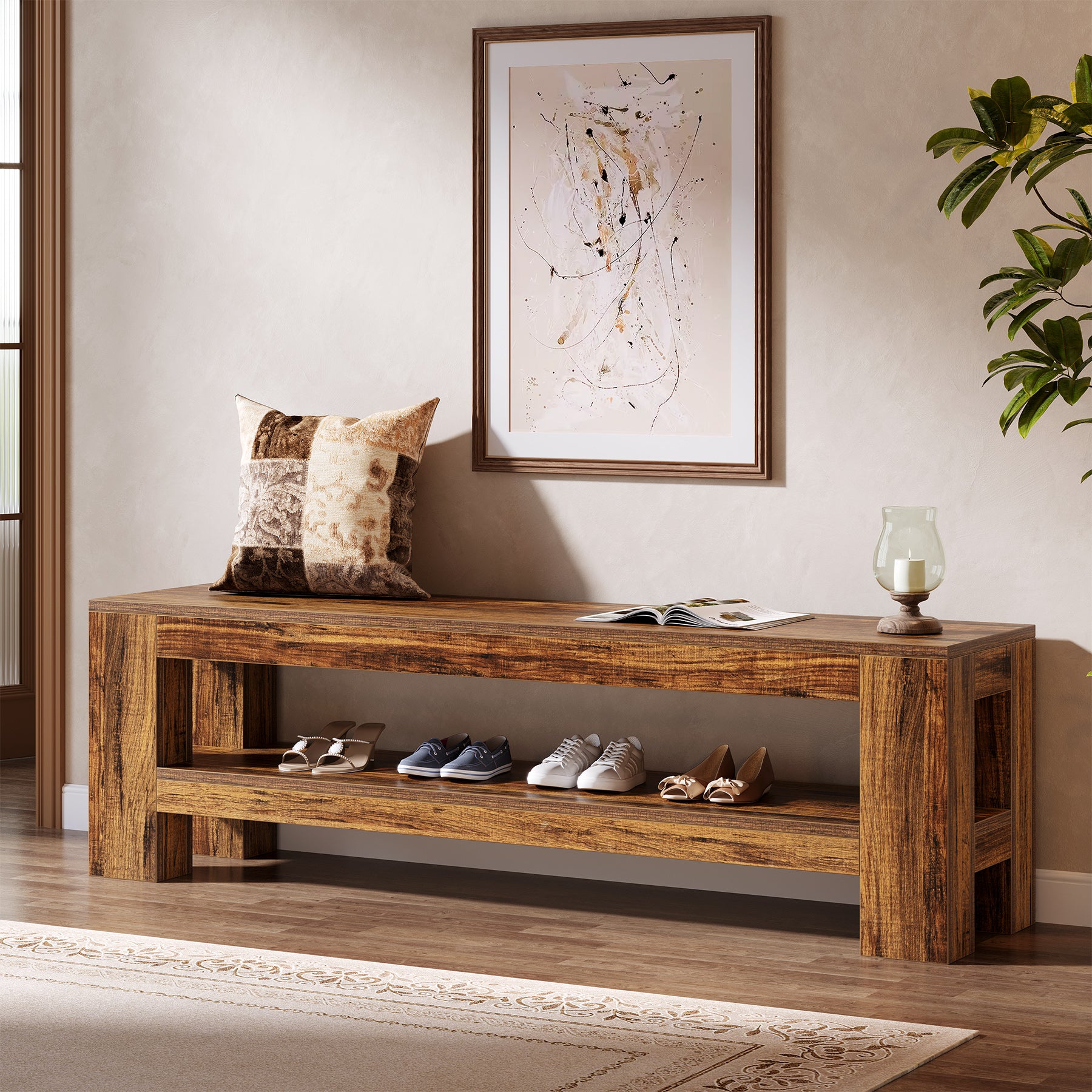 Tribesigns 150 cm Houten Halbank met Opbergplank, Landelijke Schoenenbank voor Hal Keuken Entree