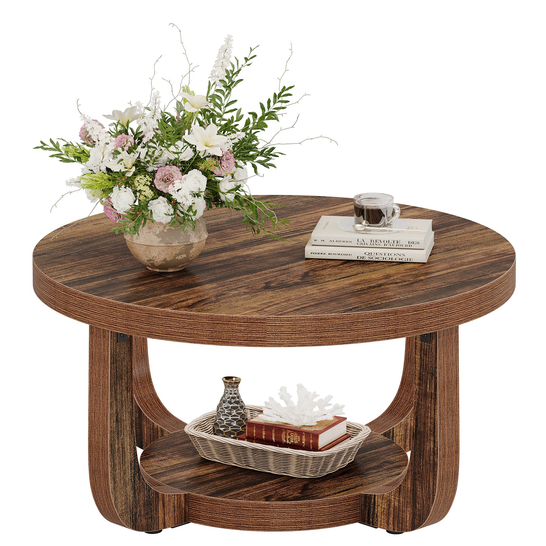 Ronde Salontafel van 80 cm met 2 Lagen en Opbergruimte, Moderne Houten Accenttafel in Rustiek Bruin voor Woonkamer