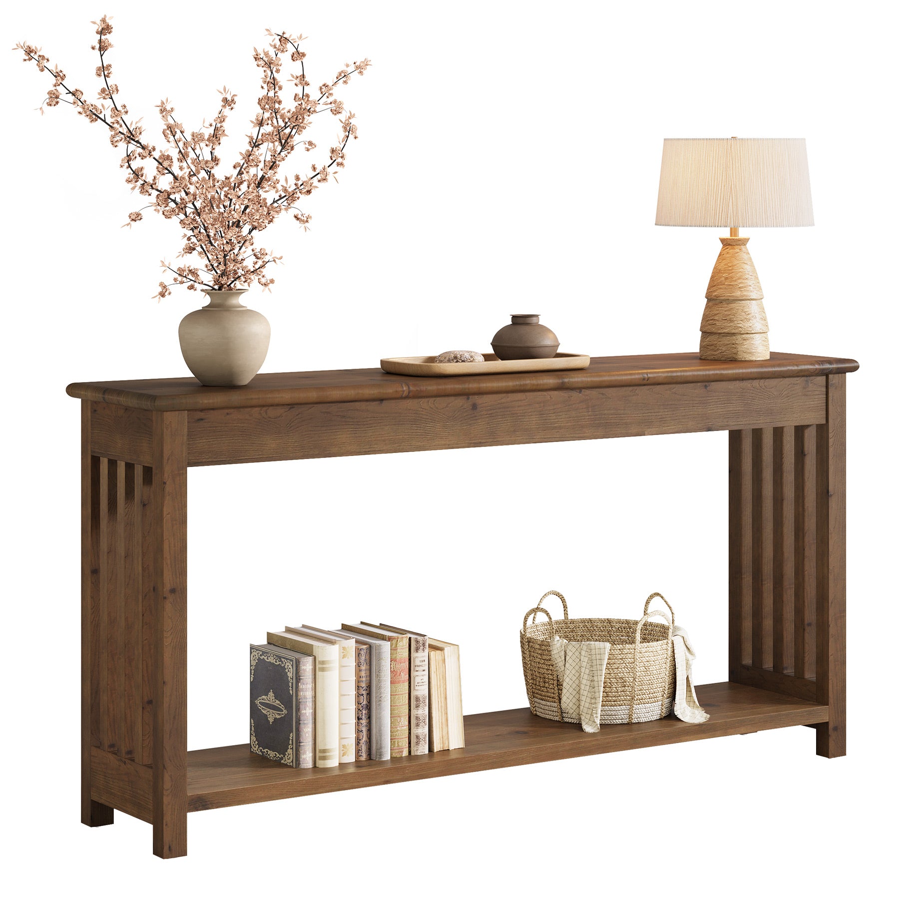 160 cm Houten Consoletafel met 2-Laags Opbergruimte, Lange Sofa Tafel voor Entree