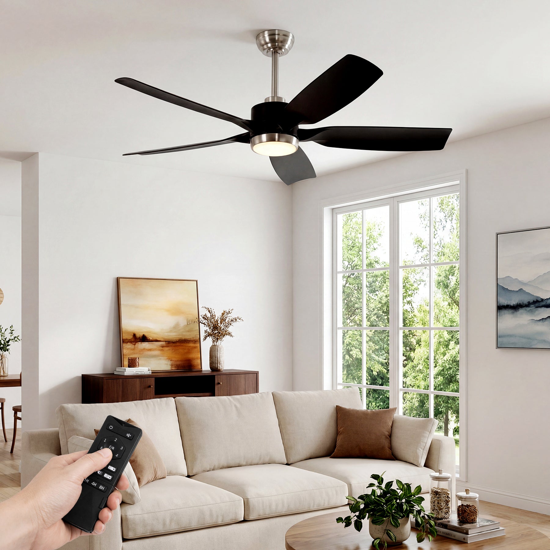 132 cm Tribesigns moderne plafondventilator met licht en afstandsbediening, 5-bladige ventilatorlamp met dimbare ledverlichting voor woonkamer terras en veranda [Energieklasse E]