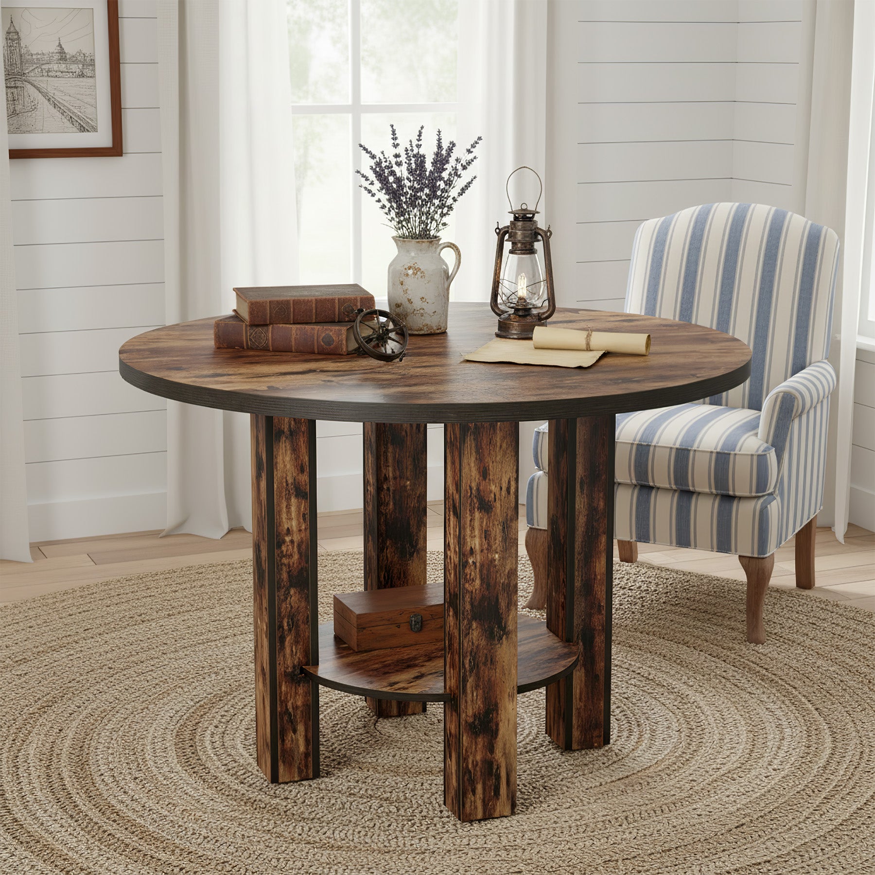 99 cm Ronde Eettafel voor 4 Personen, Landelijke Keukentafel met 2-Laags Opbergrek in Rustiek Bruin