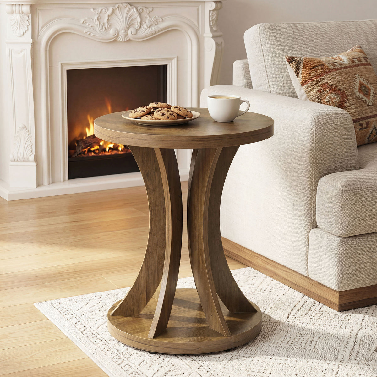 45 x 60 cm ronde bijzettafel met gebogen frame en onderste opbergplank, landelijke sidetable voor woonkamer en slaapkamer