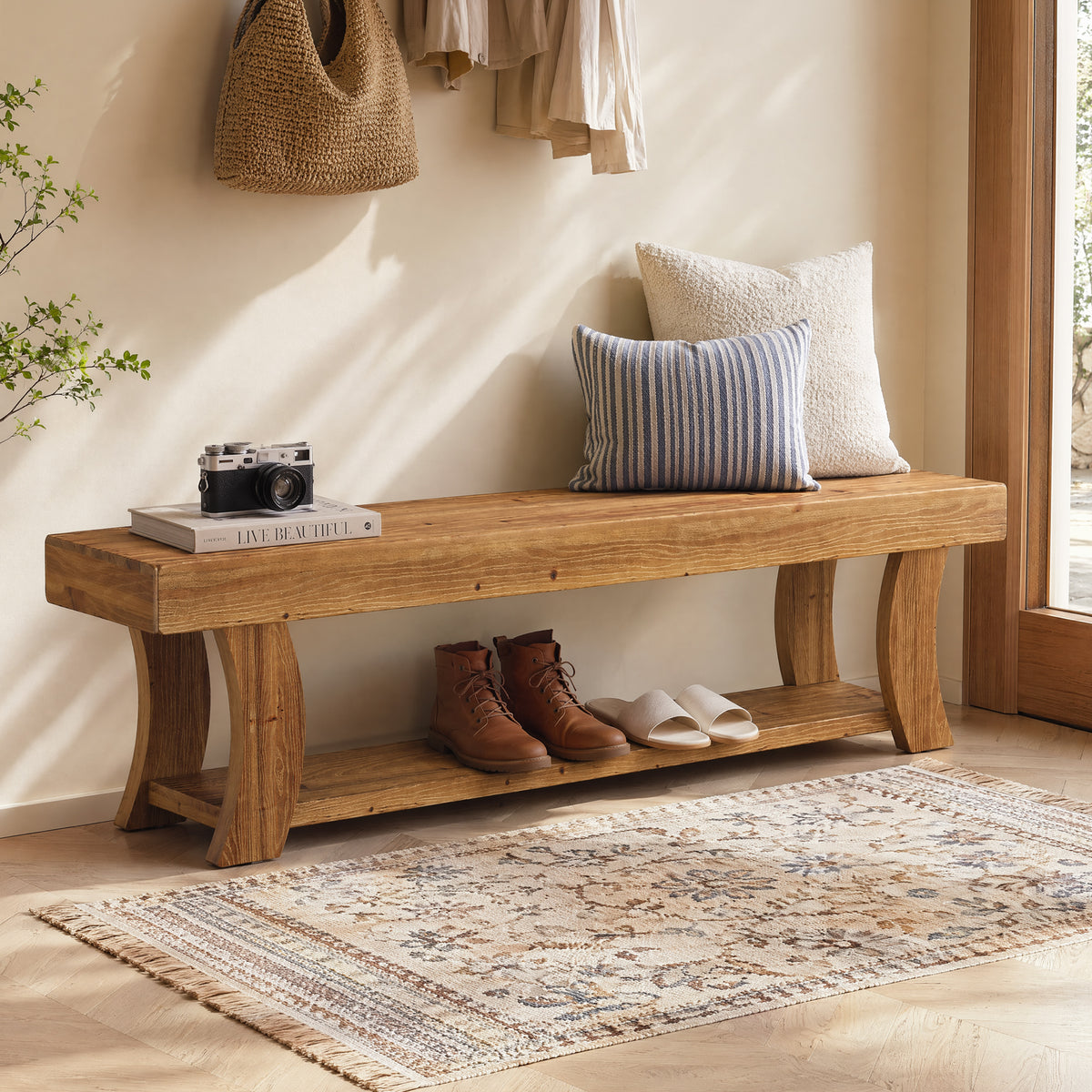 160 cm houten entreebank met opbergrek en massief houten design, landelijke schoenenbank voor hal en woonkamer