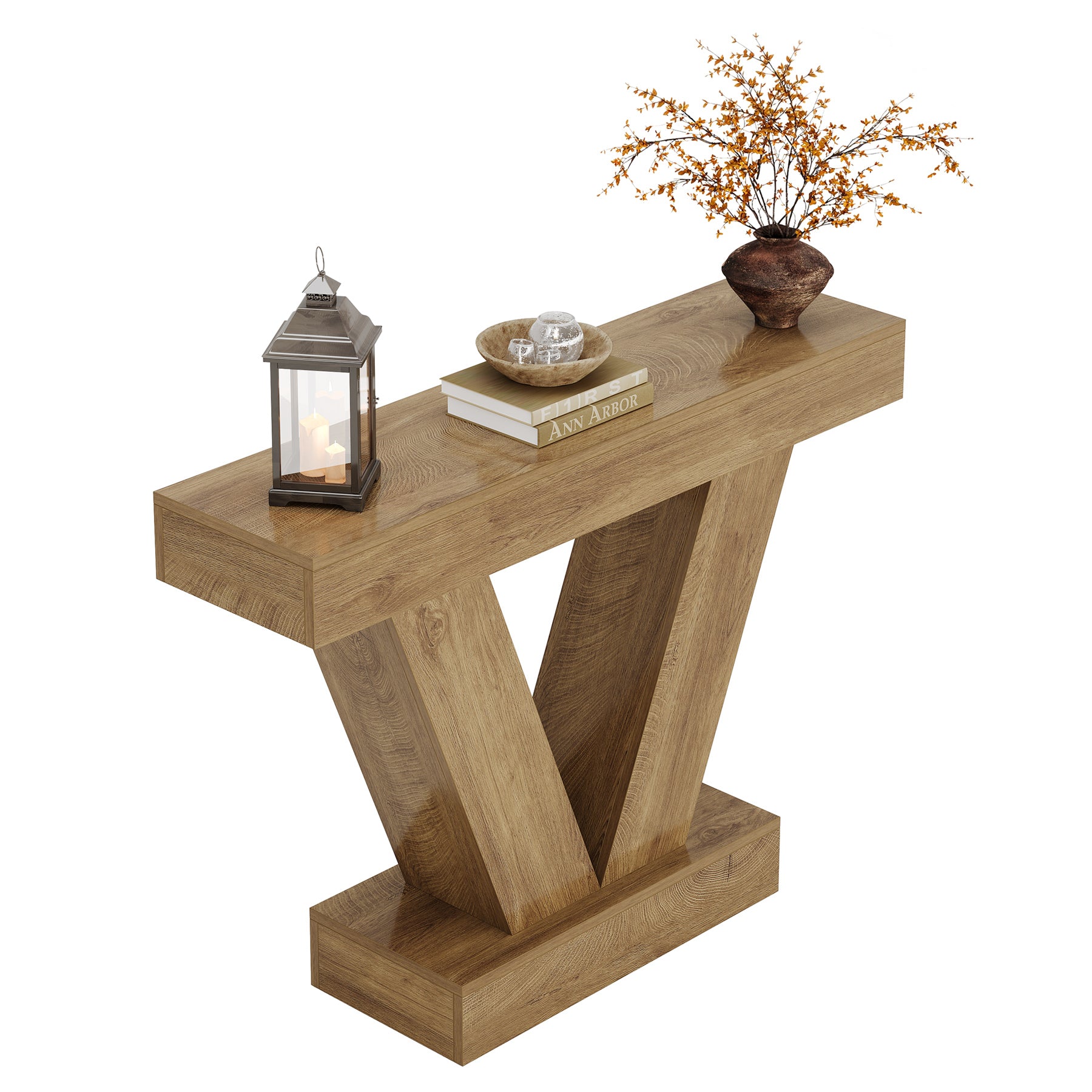 105 cm Consoletafel met V-vormige Poten, Smalle Haltafel voor Woonkamer en Entree in Bruin