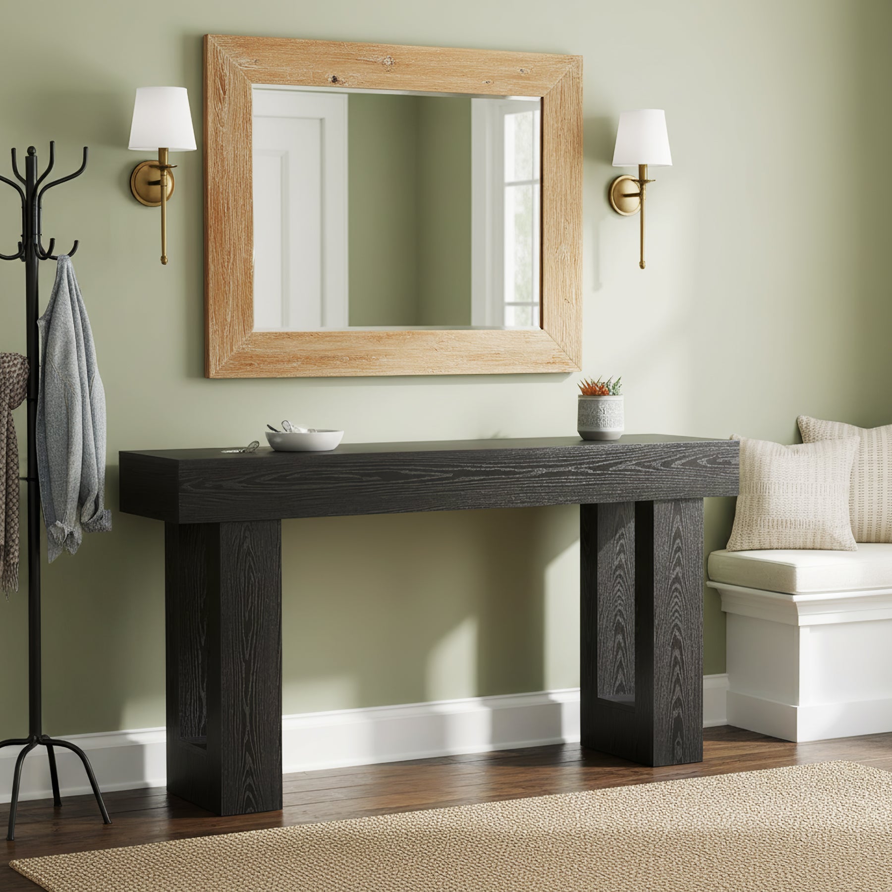 160 cm Landelijke Consoletafel met Massief Houten Poten, Houten Sofa-tafel voor Hal en Woonkamer