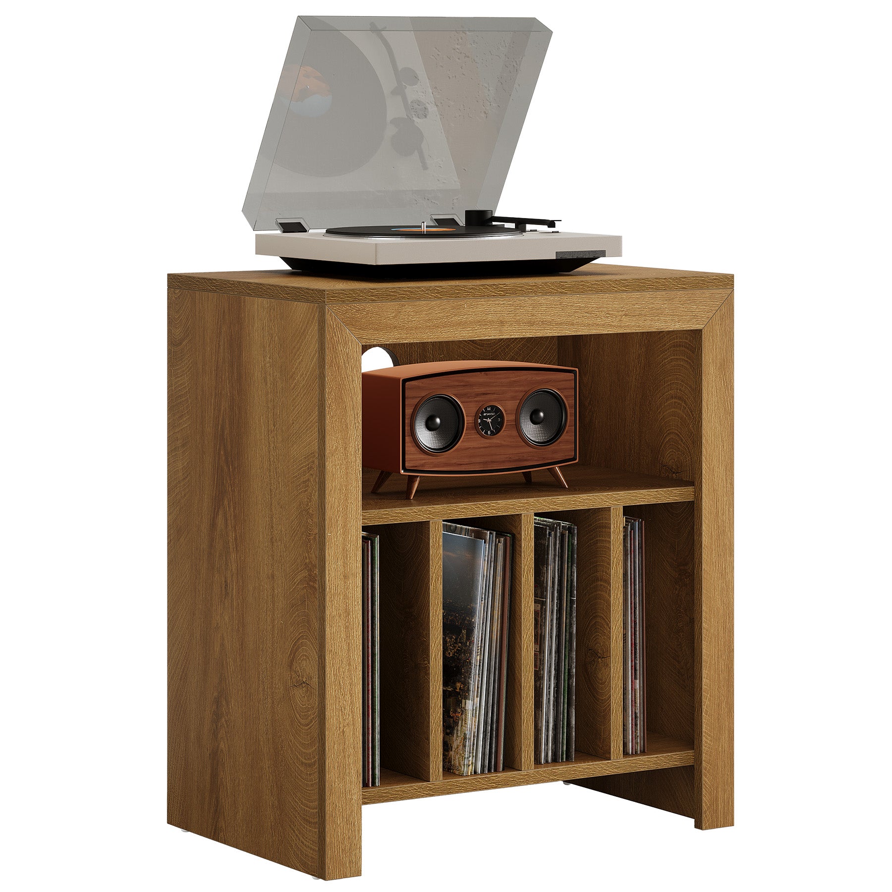 60 cm Vinylplaten Bijzettafel met 3 Etages, Industrieel Opbergmeubel in Rustiek Bruin