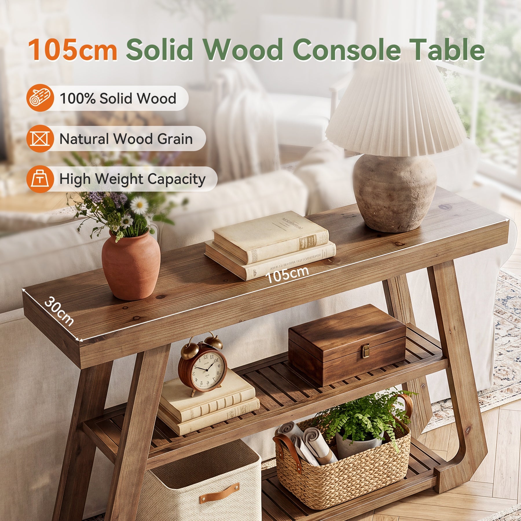 Tribesigns massief houten consoletafel van 105 cm met 3 legplanken, landelijke haltafel met A-frame