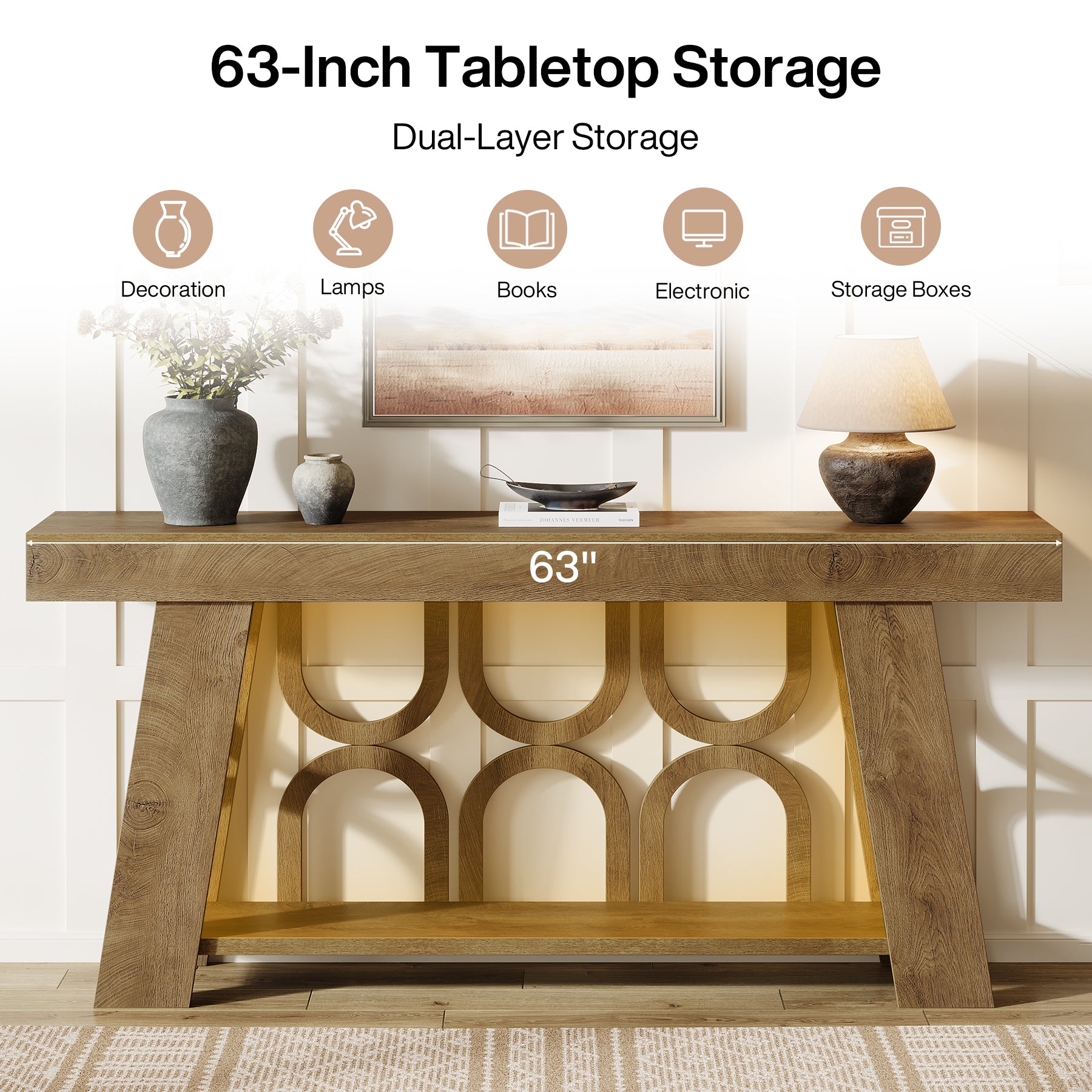 Consoletafel van 160 cm in landelijke stijl met 2-laags opbergruimte, smalle haltafel voor woonkamer en slaapkamer in lichtbruin