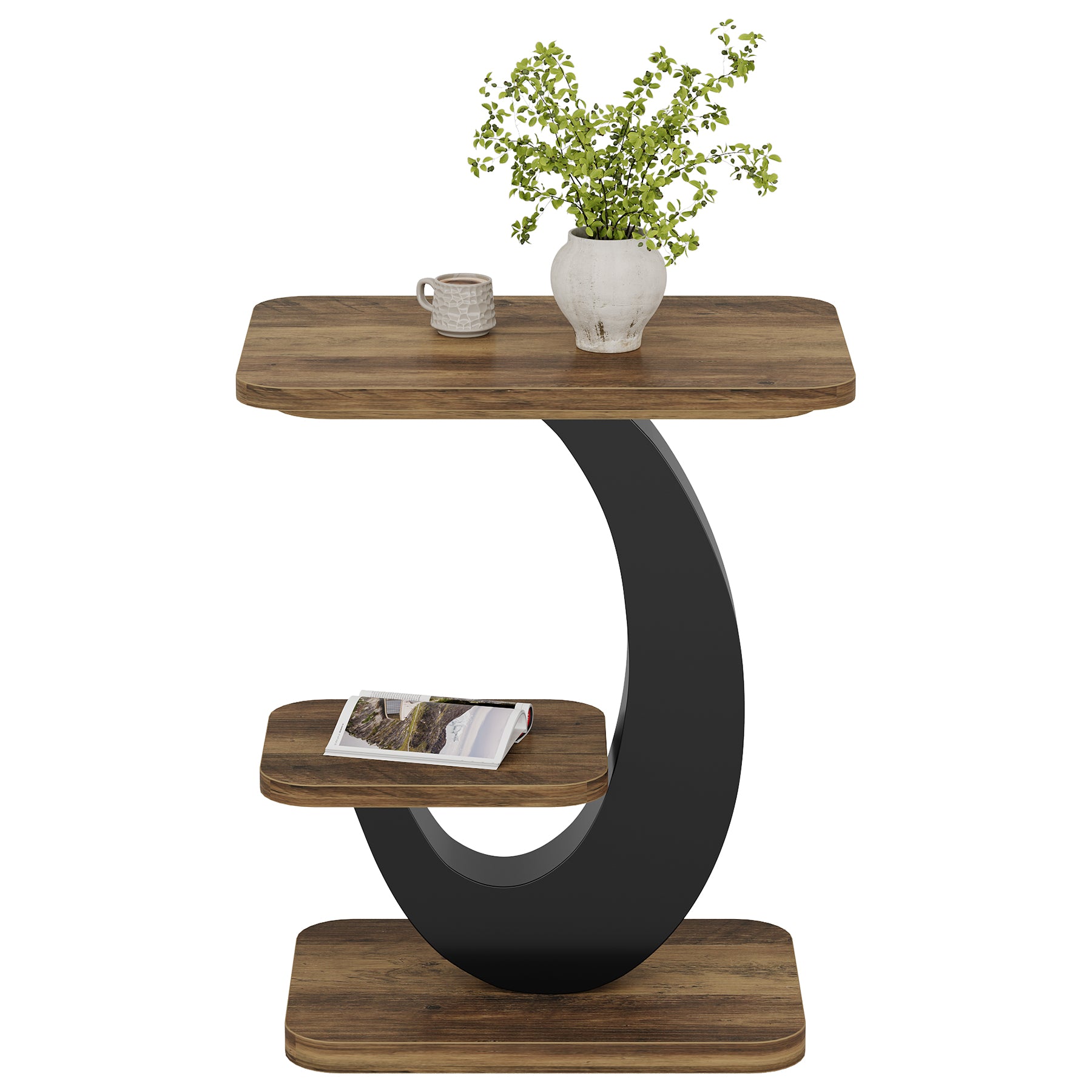 60 cm Smalle Bijzettafel met 2 Niveaus, Industriële Houten Sidetable voor Woonkamer en Slaapkamer