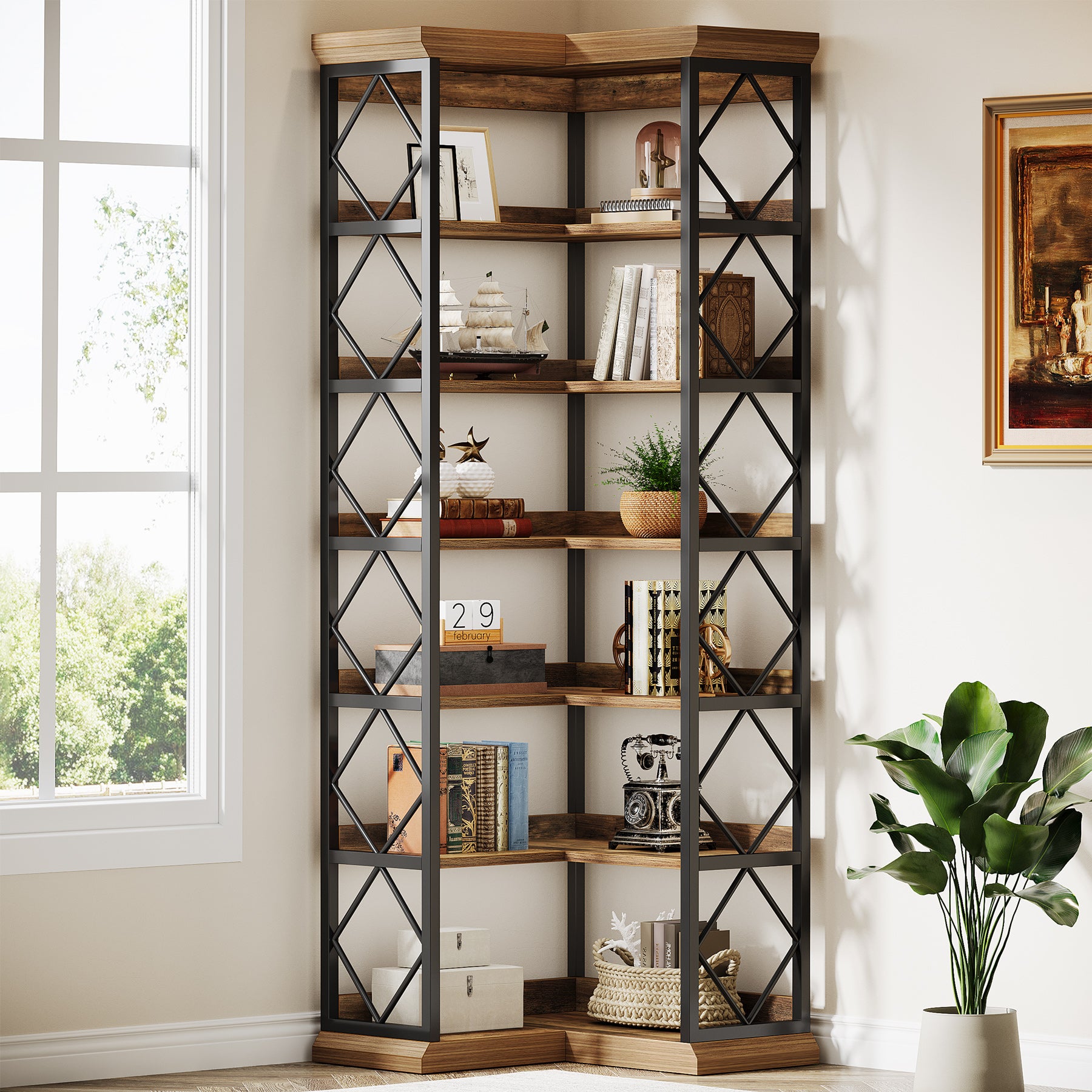 184 cm Hoge Hoekboekenkast, 6-Laags L-Vormige Boekenkast met Opbergruimte voor Woonkamer