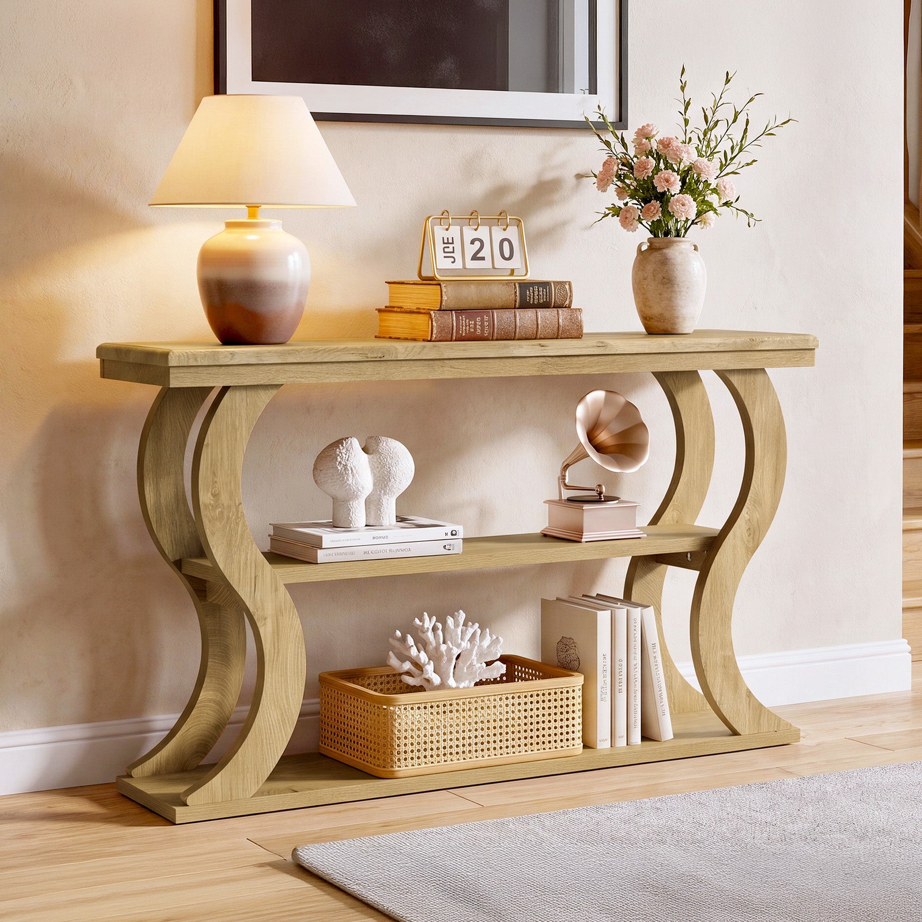Tribesigns consolentafel 140 cm met 3 planken, smalle gangtafel met golfvormig design