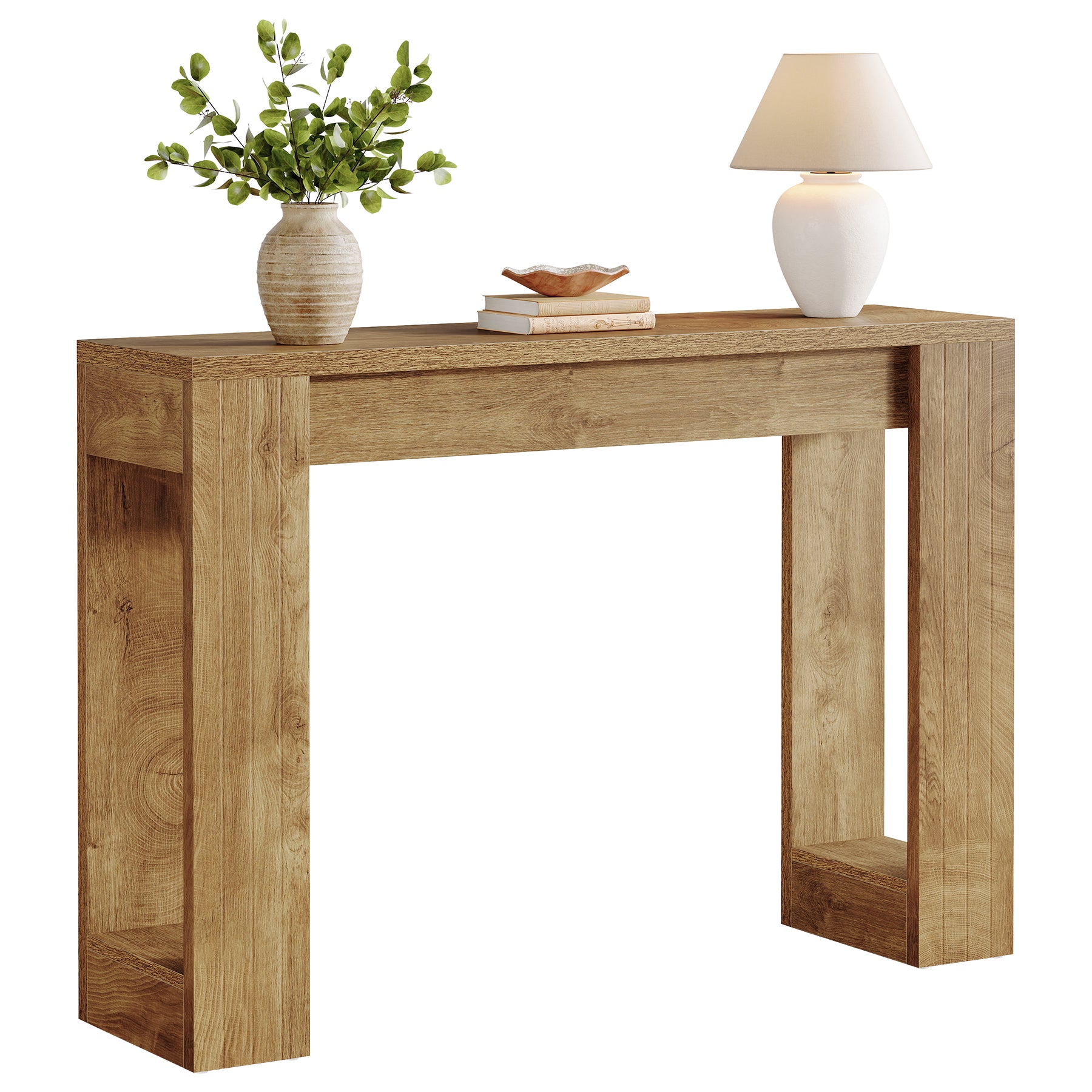 105 cm Houten Consoletafel met Dubbele Basis, Moderne Haltafel voor Entree en Woonkamer