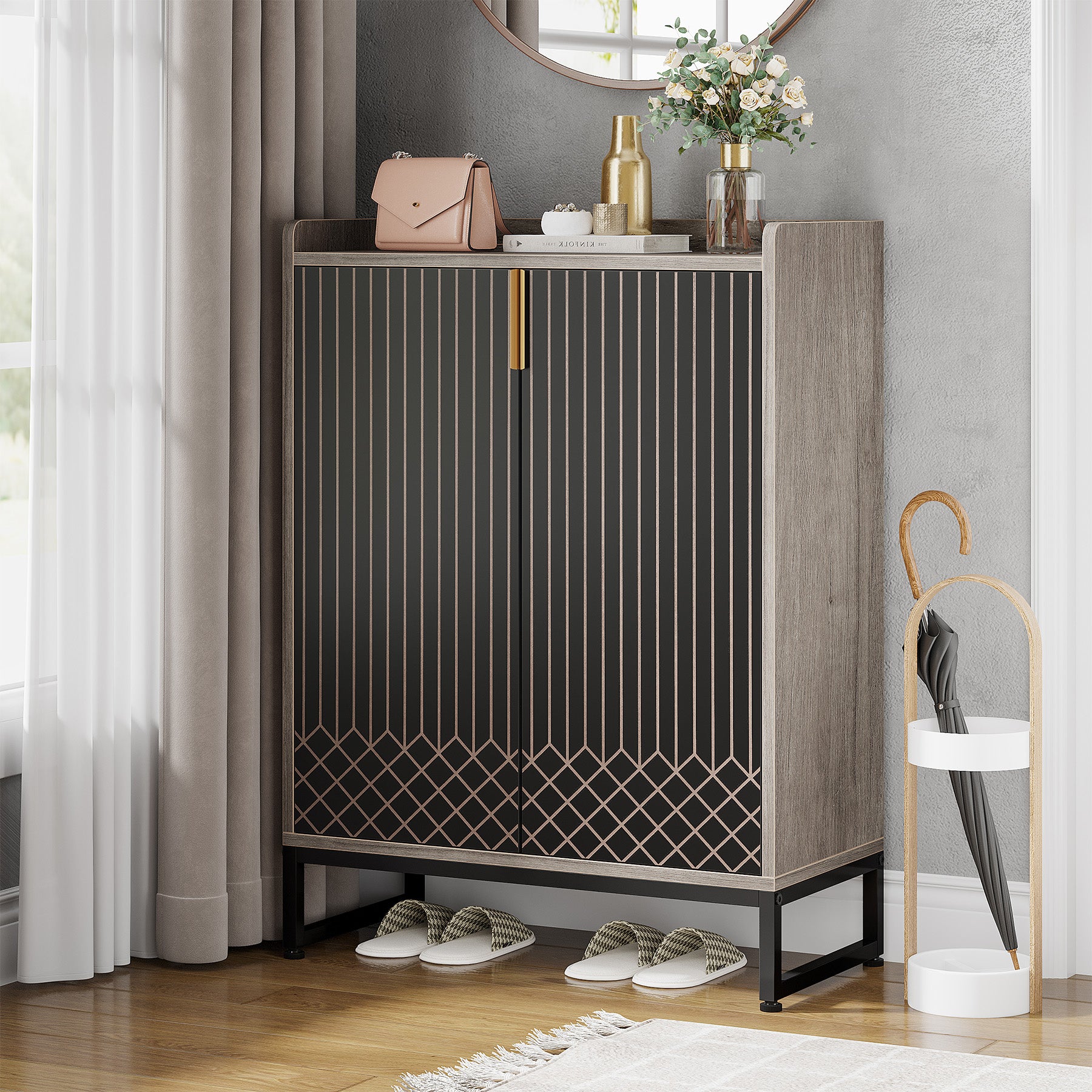 75x35x105 cm moderne schoenenkast, met 2 deuren en 5 laden voor een opgeruimde entree of slaapkamer