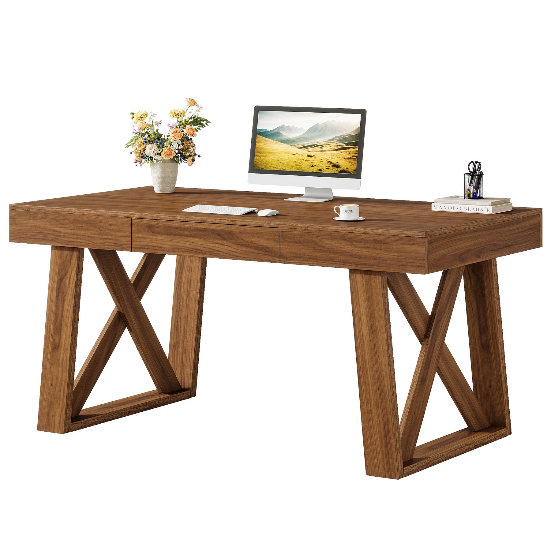 140 cm Bredere Bureau, Retro Houten Bureau met Laden voor Thuiswerk en Kantoor