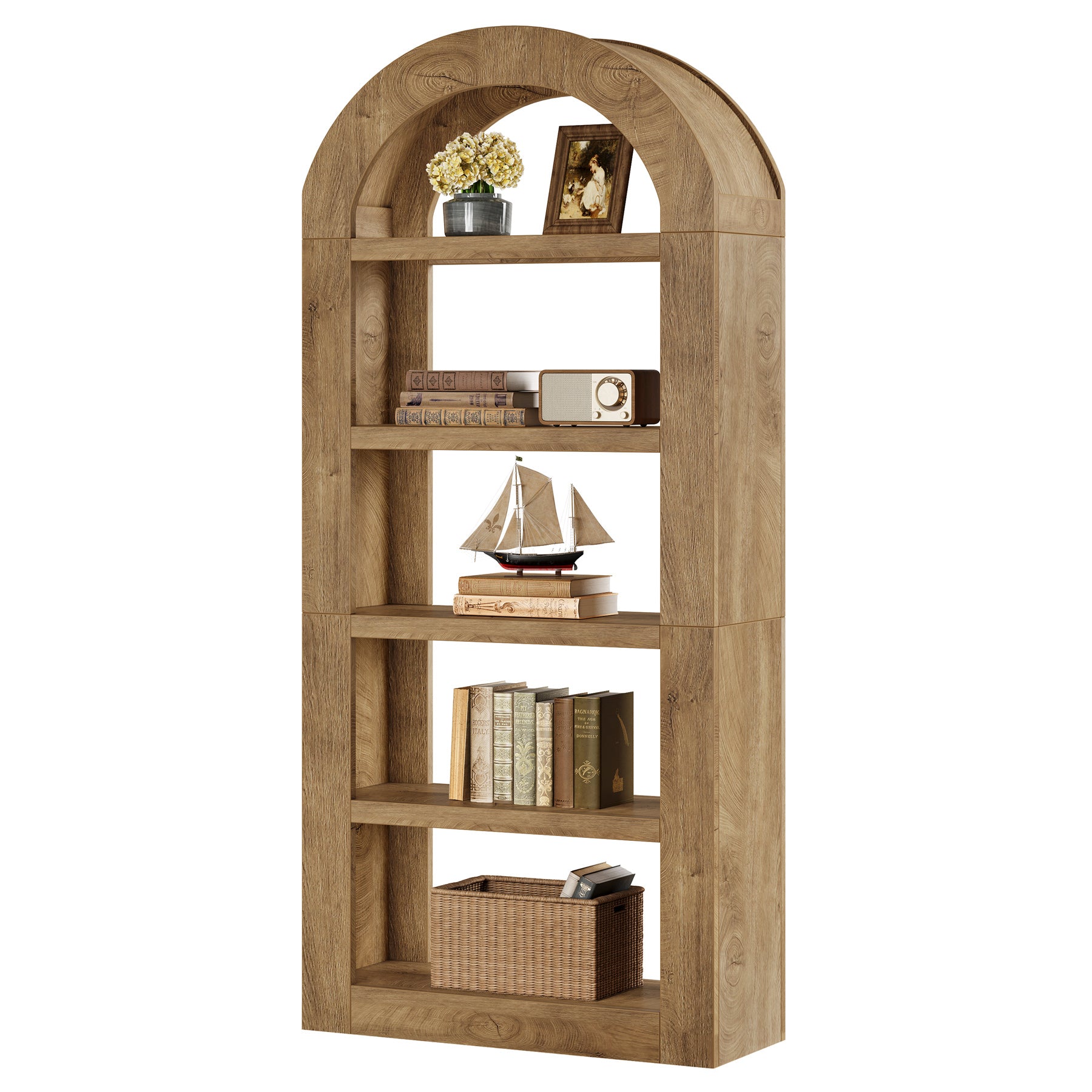 180 cm Boog Boekenkast met 5 Niveaus en Opbergruimte, Houten Open Kast voor Woonkamer en Kantoor