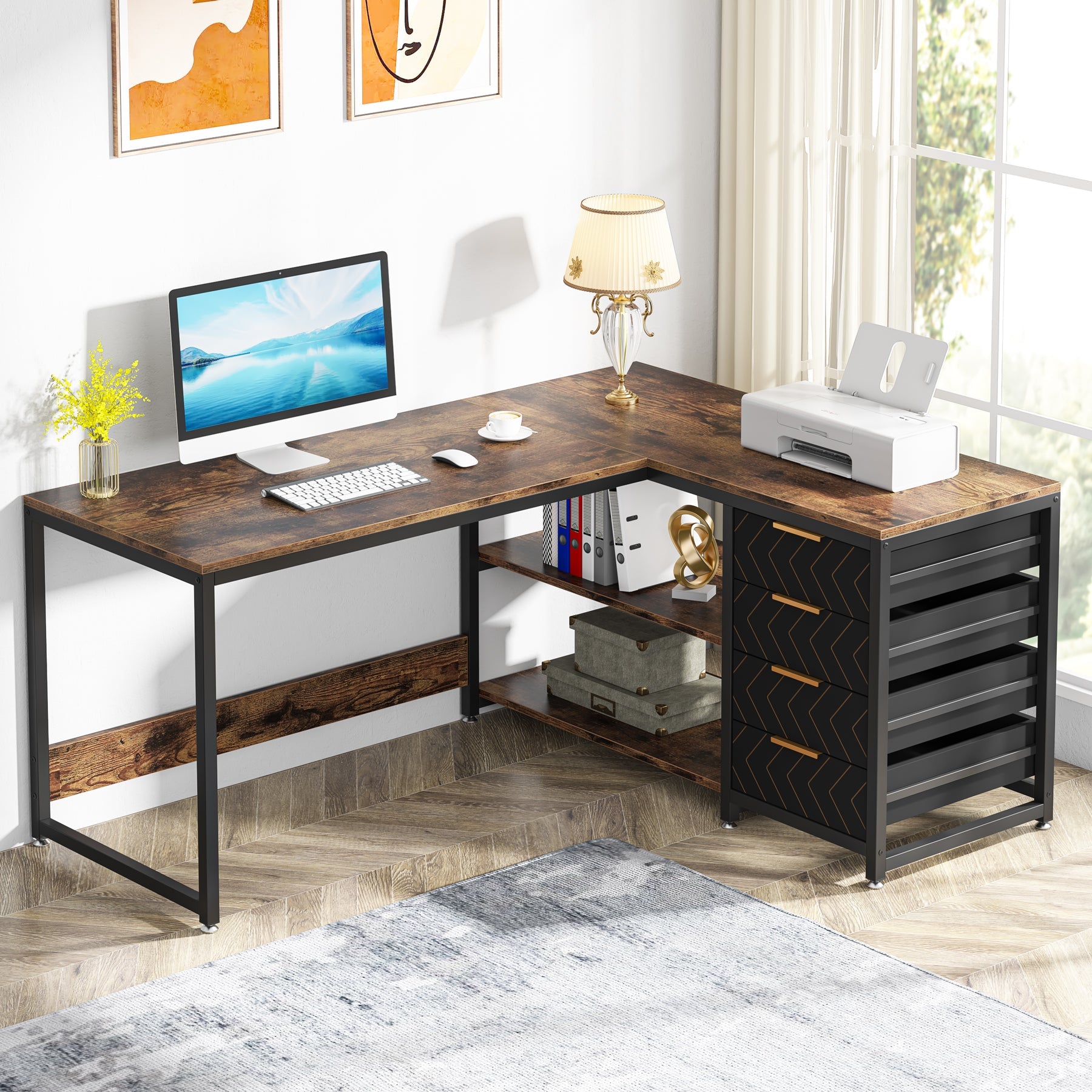 150 cm L-vormig Bureau, Met 4 Laden en 2 Planken voor Kantoor en Werkkamer