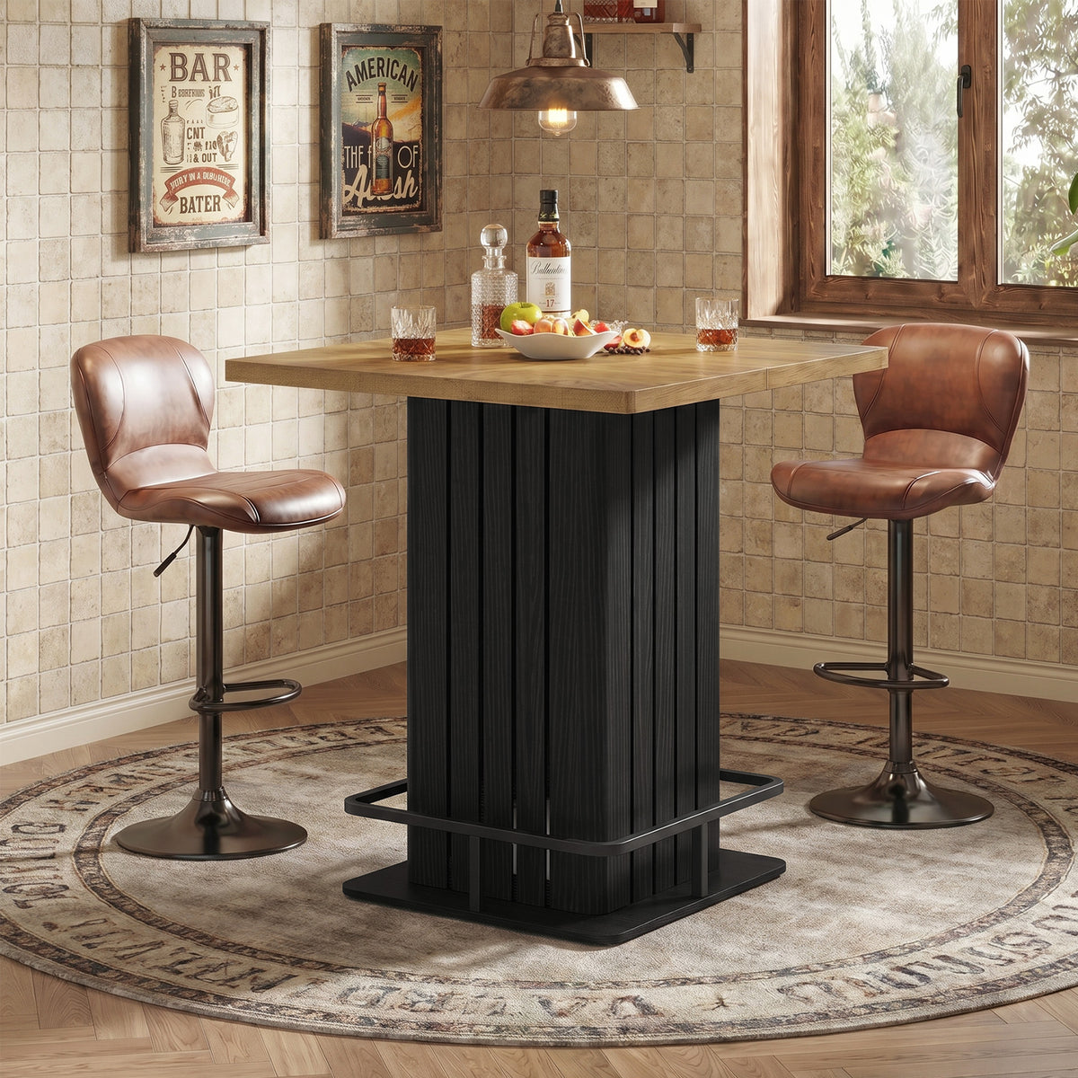80 cm Vierkante Bartafel met Metalen Voetsteun, Industriële Hoge Tafel voor Keuken en Thuisbar