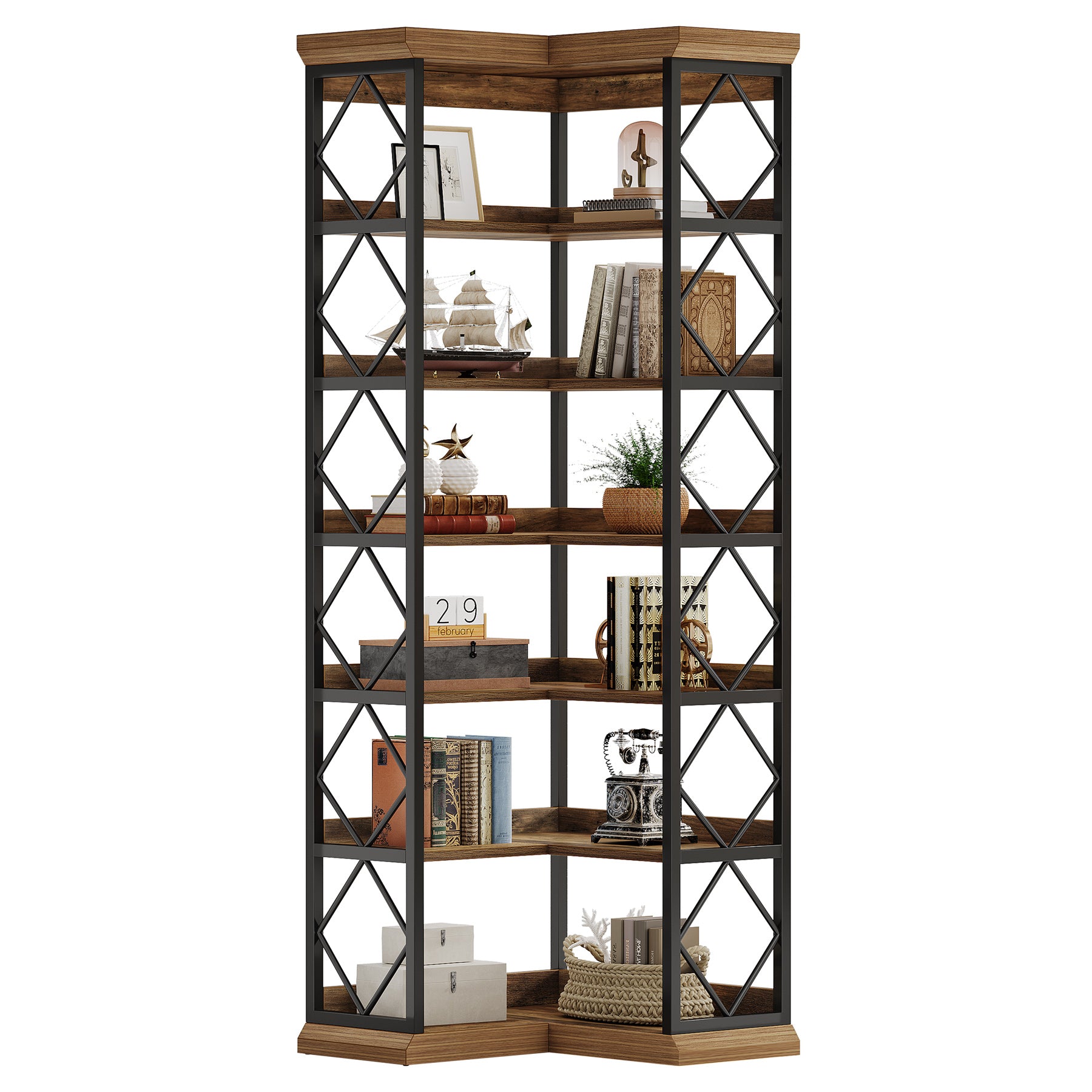 184 cm Hoge Hoekboekenkast, 6-Laags L-Vormige Boekenkast met Opbergruimte voor Woonkamer