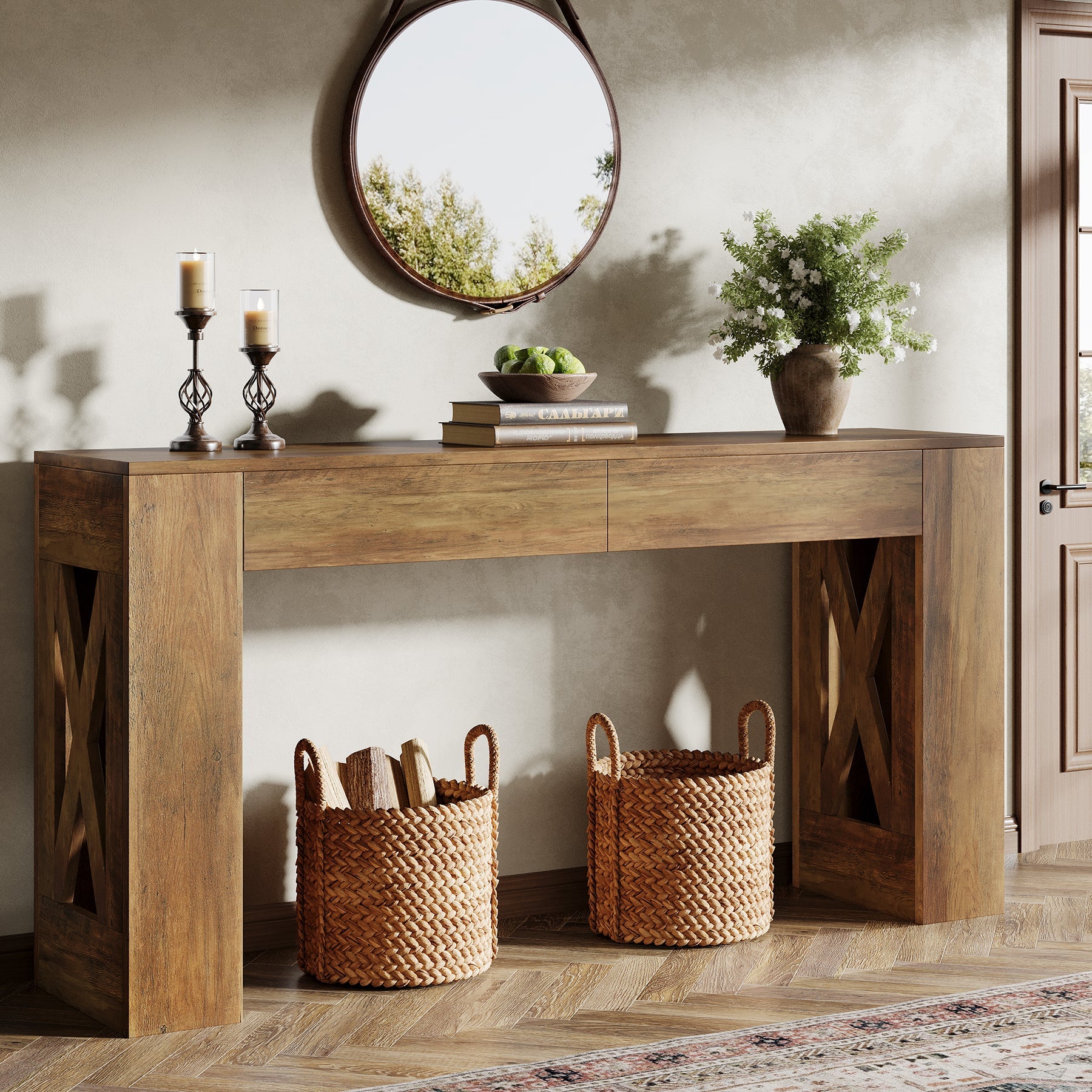 160 cm Consoletafel, Smalle Banktafel met 2 Laden en X-vormige Poten