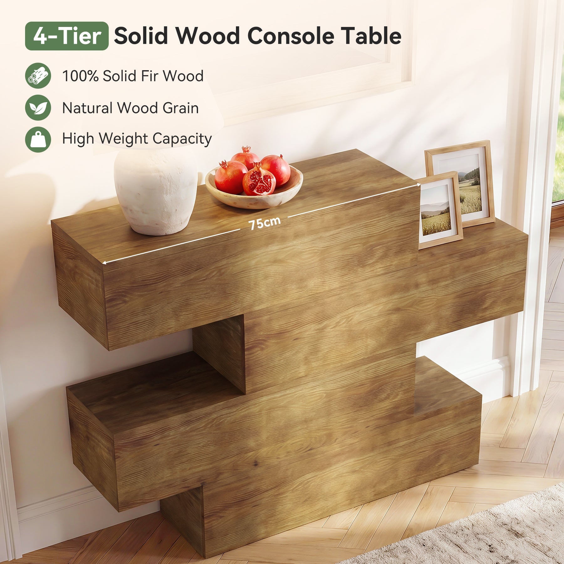 Tribesigns Massief Houten Console Tafel 110 cm met 4 niveaus, smalle haltafel in landelijke stijl