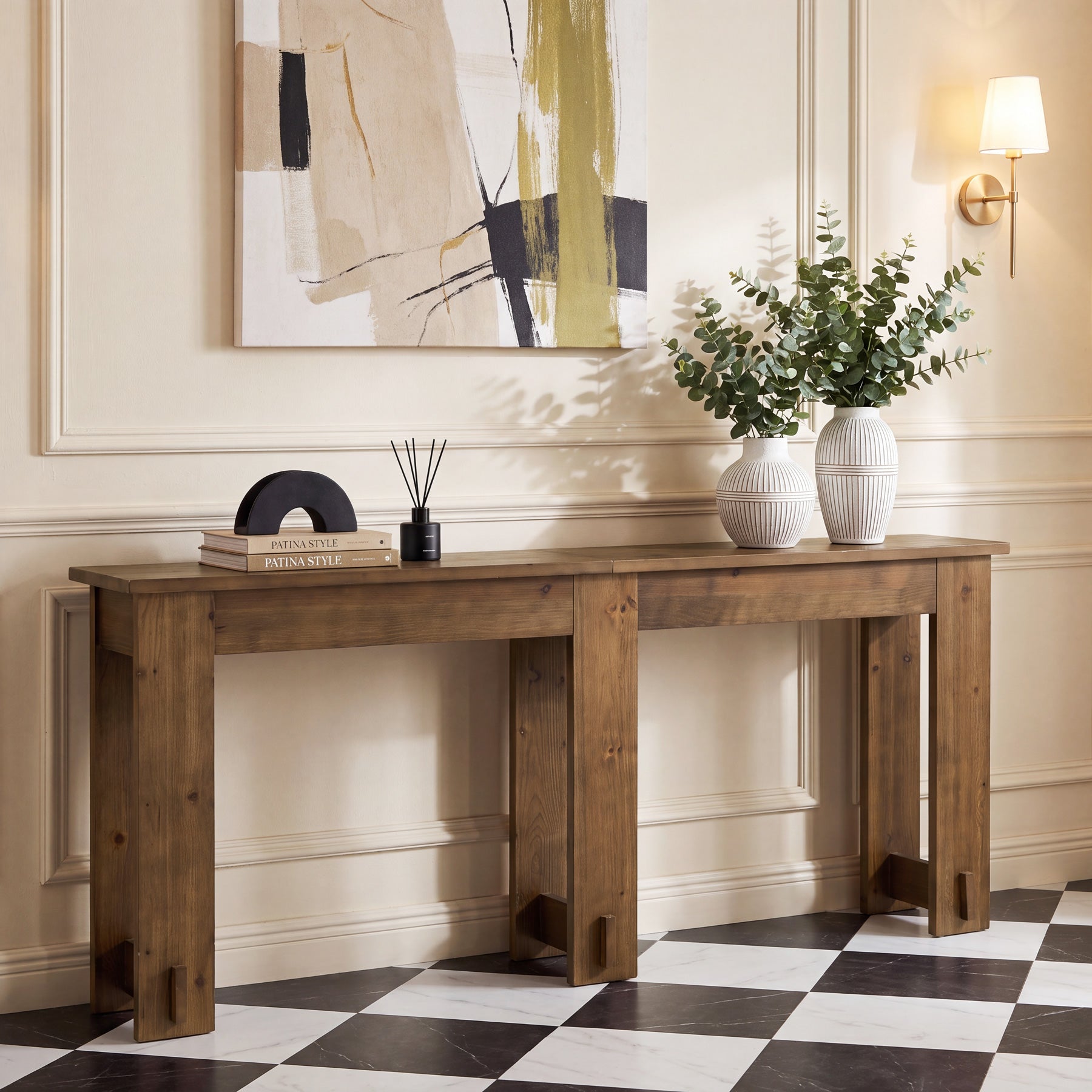 Massief houten consoletafel 200 cm, extra lange banktafel van dennenhout met 6 poten